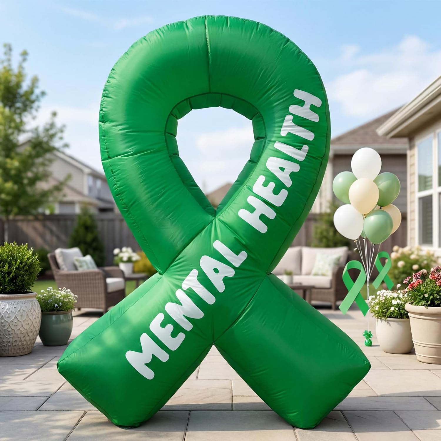 6FT Mental Health Awareness Ribbon Inflatables Outdoor Decorations Blow Up Motivational Green Ribbon with Built-in LEDs for Mental Health Activities Yard Party Lawn Decor