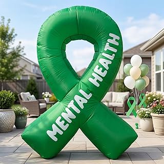 6FT Mental Health Awareness Ribbon Inflatables Outdoor Decorations Blow Up Motivational Green Ribbon with Built-in LEDs for Mental Health Activities Yard Party Lawn Decor