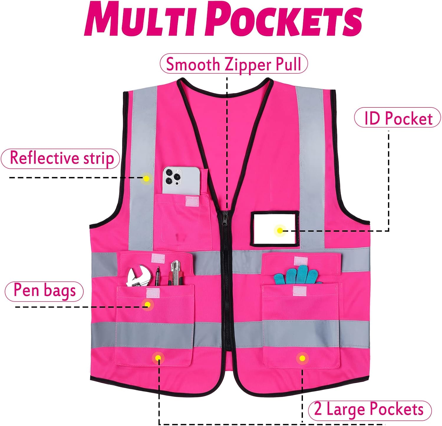 EBOOT 10 Pcs Safety Vests High Visibility Safety Vest with Reflective Strips for Construction Outdoor Running Cycling Walking - Image 3