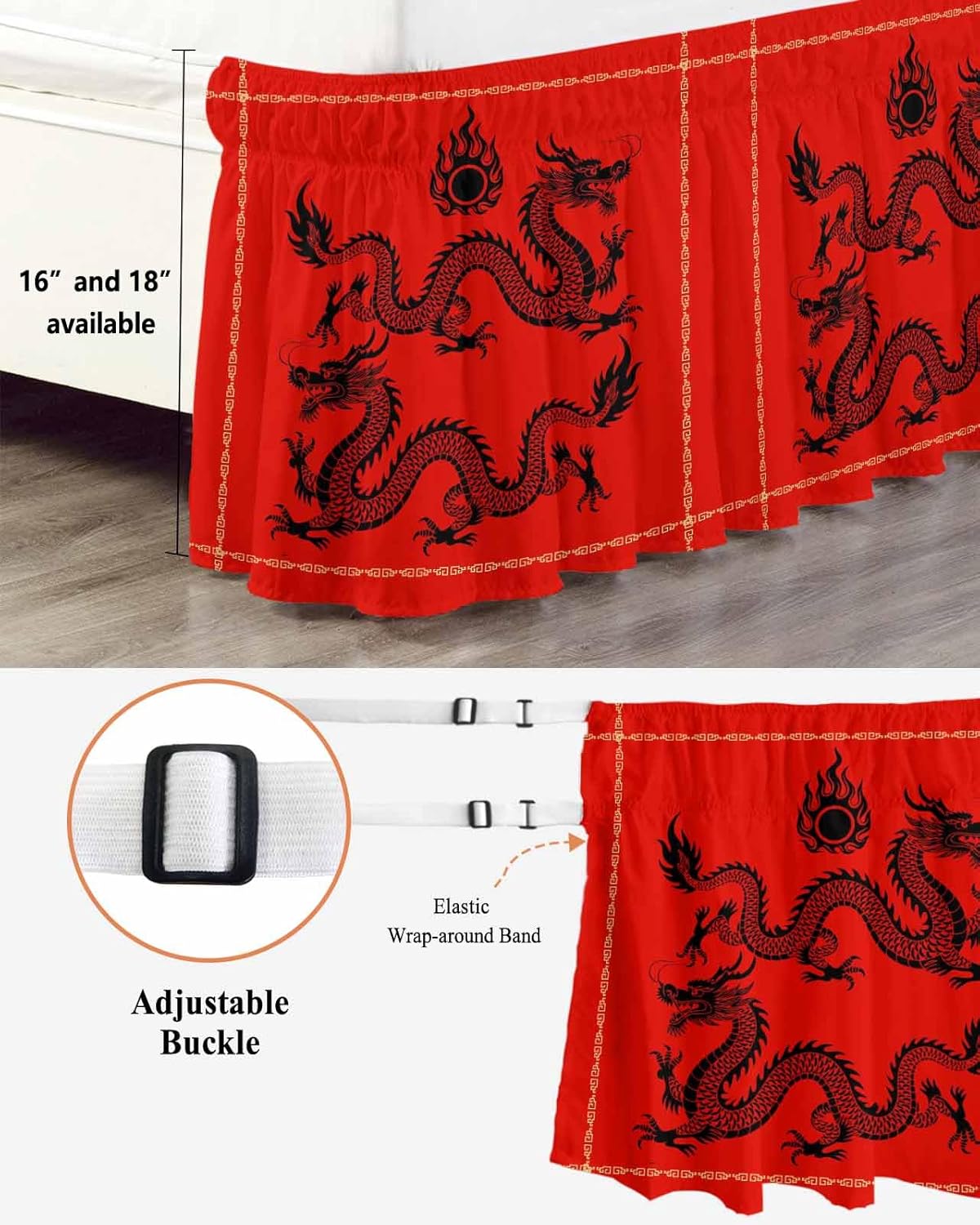 Traditional Dragon Bed Skirt King Size 18 Inch Drop, Adjustable Elastic Wrap Around Bed Skirts Pleated Bed Ruffles Bedskirt Valance for Bedroom Hotel Oriental Chinese Red Gold Black