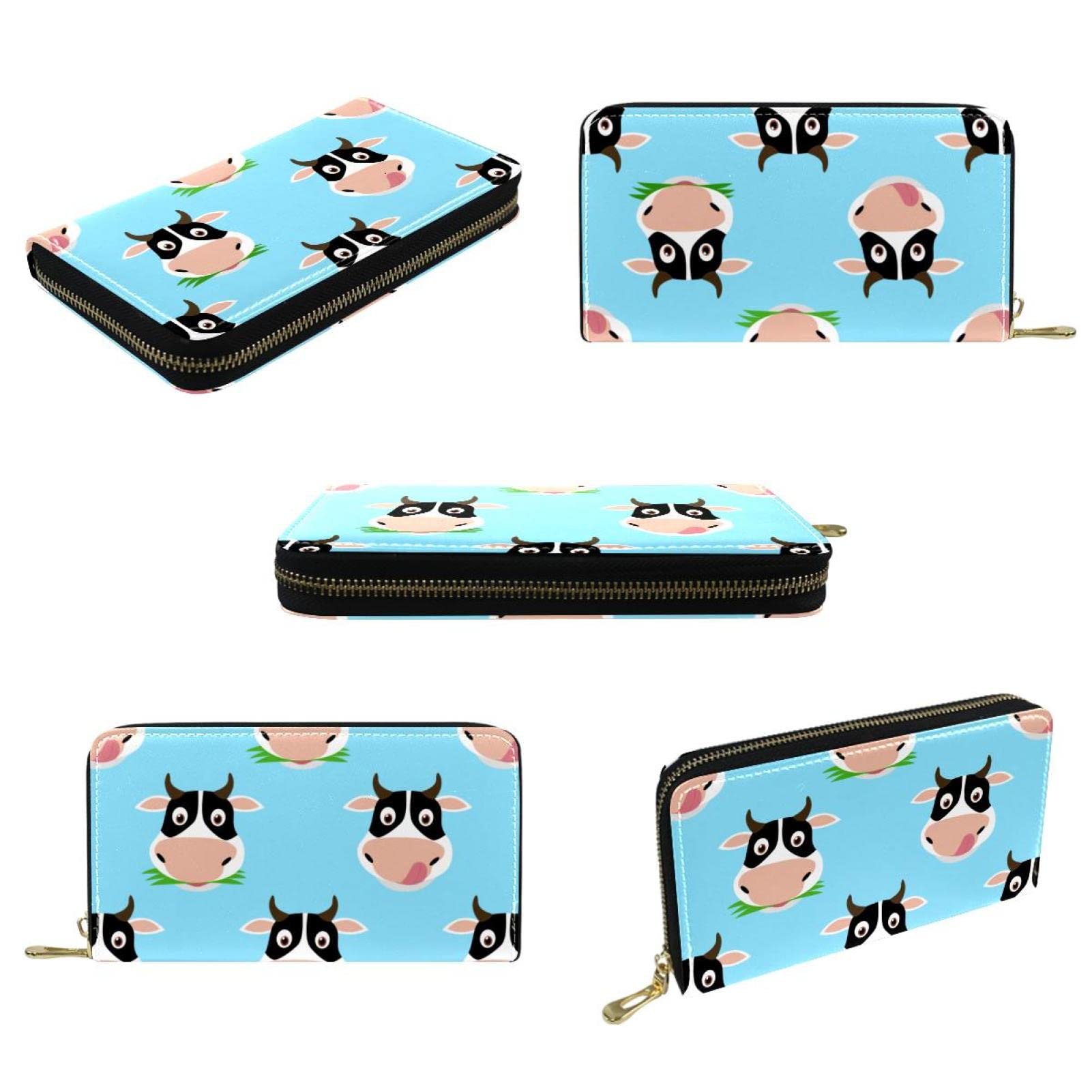 Cartera larga de piel con cremallera y diseño de vaca sobre fondo azul, Varios colores, 20.5x2.5x11.5cm/8.07x1x4.53 in, Classic