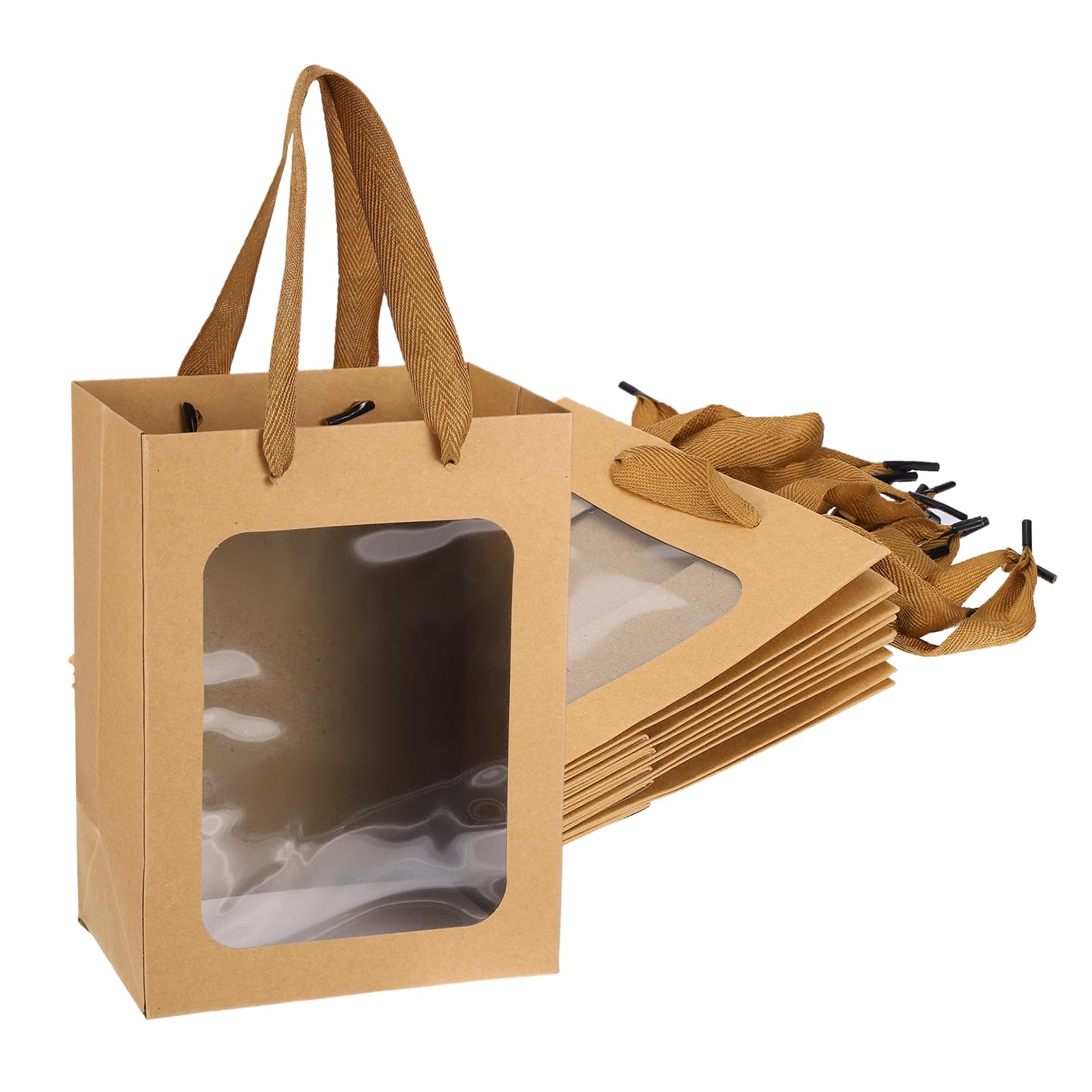 PATIKIL Gift Bags with Clear Window, (15 x 10 x 20cm, Brown)(6 Pcs), Mini Gift Wrap Bags with Handles, Suit for Wedding/Birthday/Bridesmaid/Party/Shopping