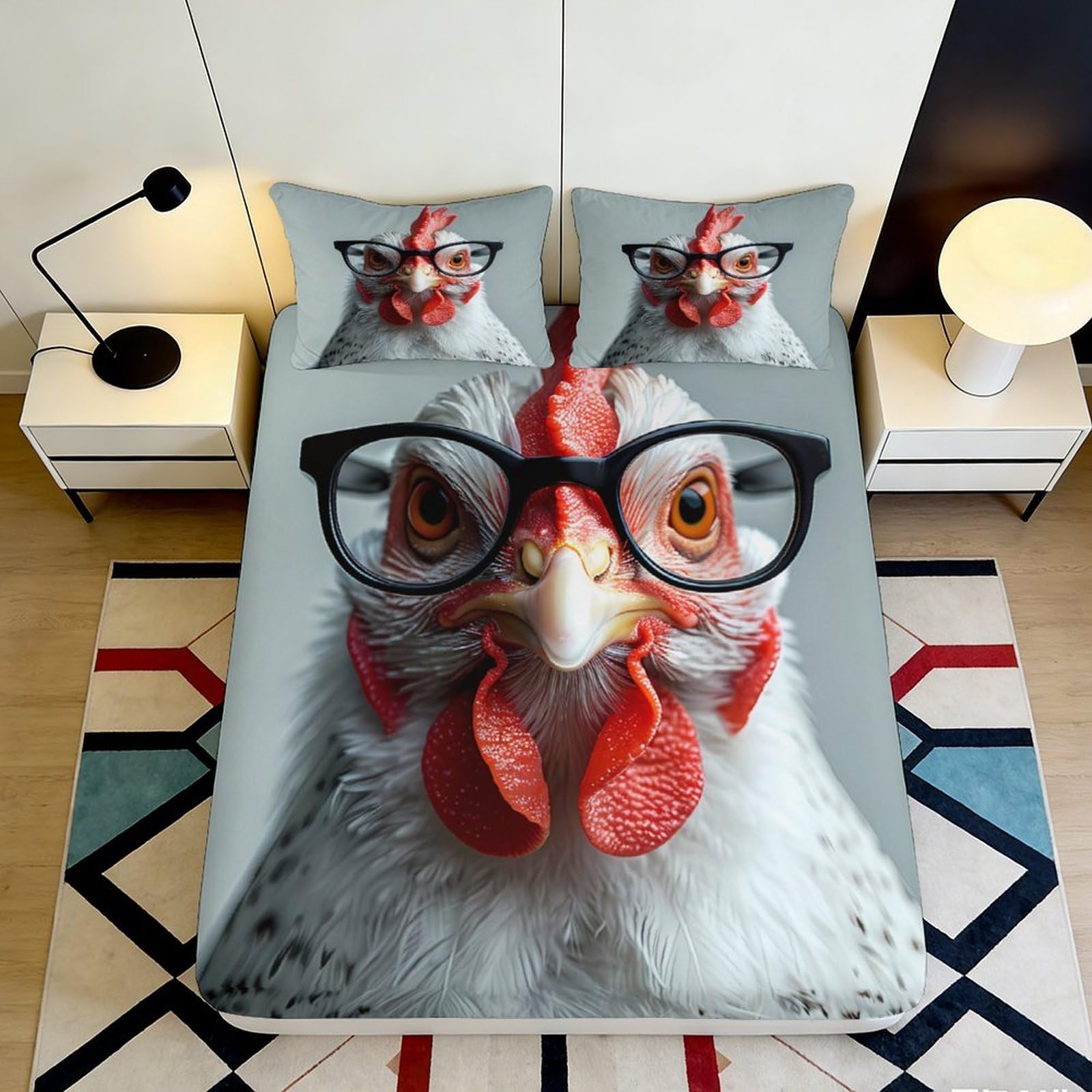 3D Printed Funny Chicken Fitted Sheet Microfiber Soft Breathable Glasses Animal Bed Sheet for Bedroom Dorm Decor 90x200x25cm