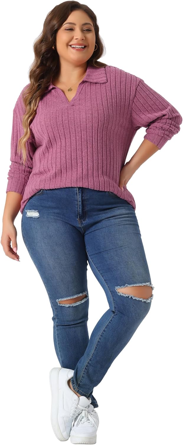 Agnes Orinda Women's Plus Size Loose Polo V Neck Long Sleeve T Shirts Tops Collared Ribbed Brushed Top Sweater Casual - Image 3