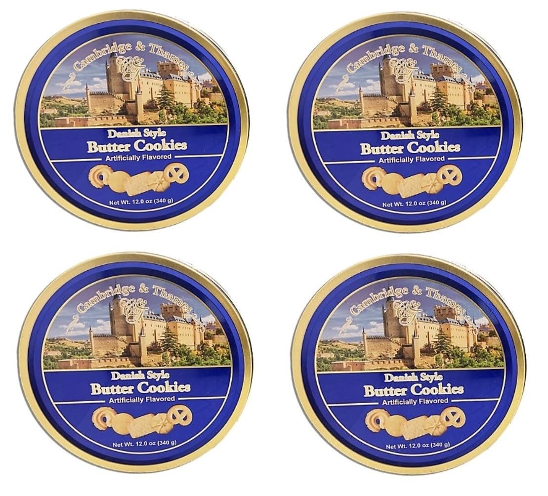 Cambridge & Thames Cookies - Danish Style Butter Cookies In Metal Tin - Net Wt. 12 Oz - Pack of 4