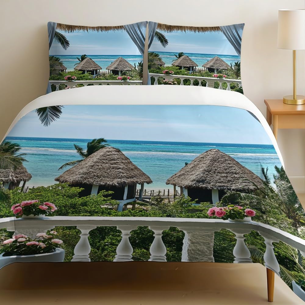 Housse de couette 200x200 cm bleue tropicale pour lit d'enfant et chambre d'ado