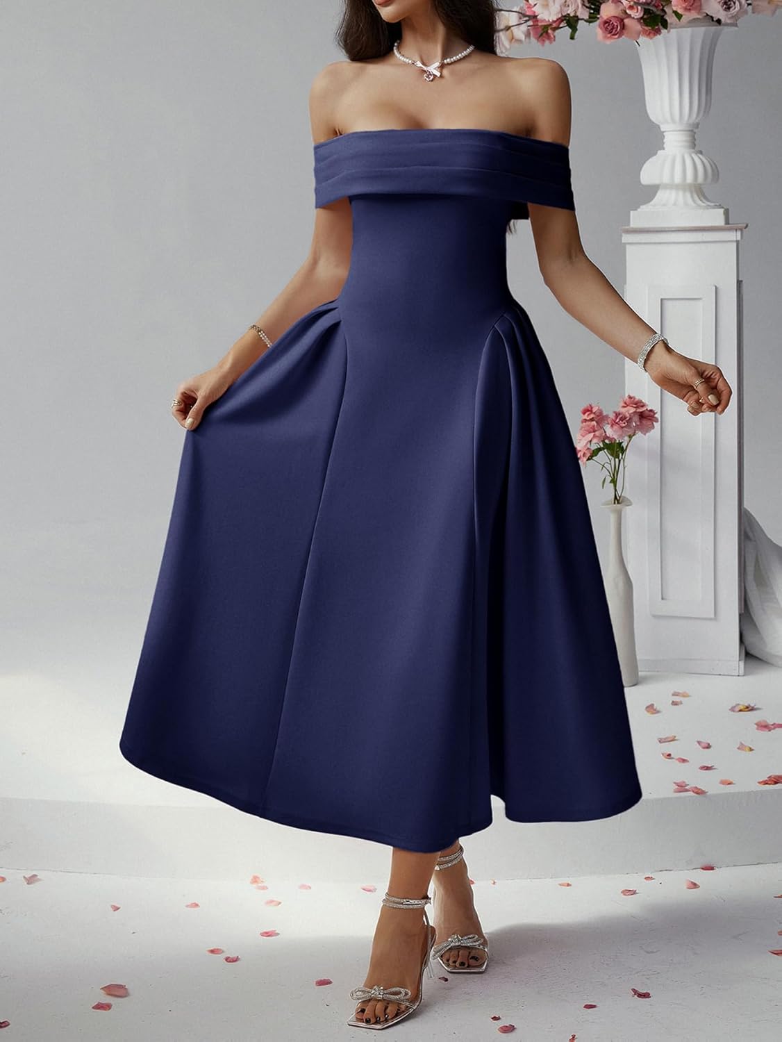 Formal Cocktail Off Shoulder Dresses for Women Elegant Swing Aline Wedding Guest Engagement Party Midi Dress - Image 2