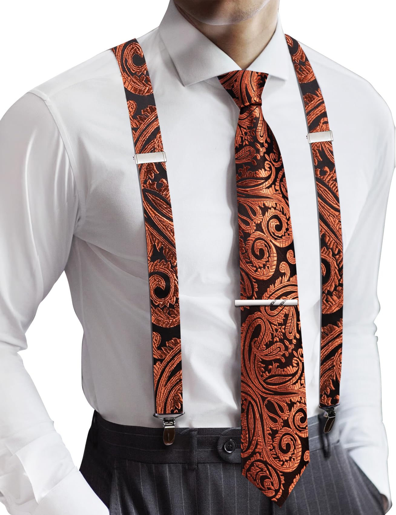 Barry.Wang Men Suspender Tie Sets Elastic Heavy 6 Clips Hanky Cufflink 5PCS | Classic Suspender Set for Man Necktie Y Type Adjustable Heavy Duty 6 Clips Braces Pocket Square Cufflinks Party