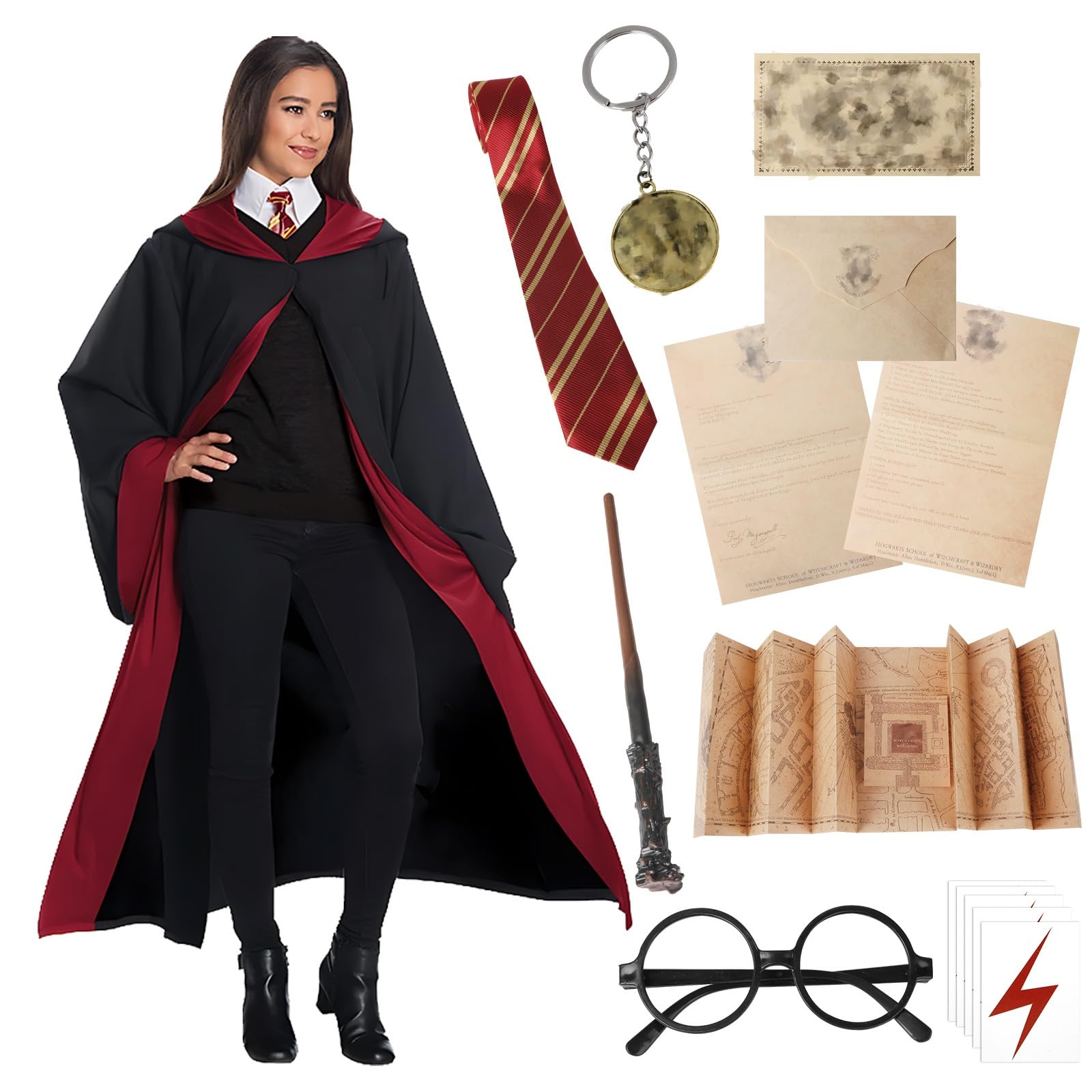 Amazluck Wizard Costume, Wizard Black Cape Magic Robe Costume Cloak with Hood Tie Wand Glasses Frame Role Play Suit Suitable For Halloween Cosplay Fancy Dress for Adults Men Women