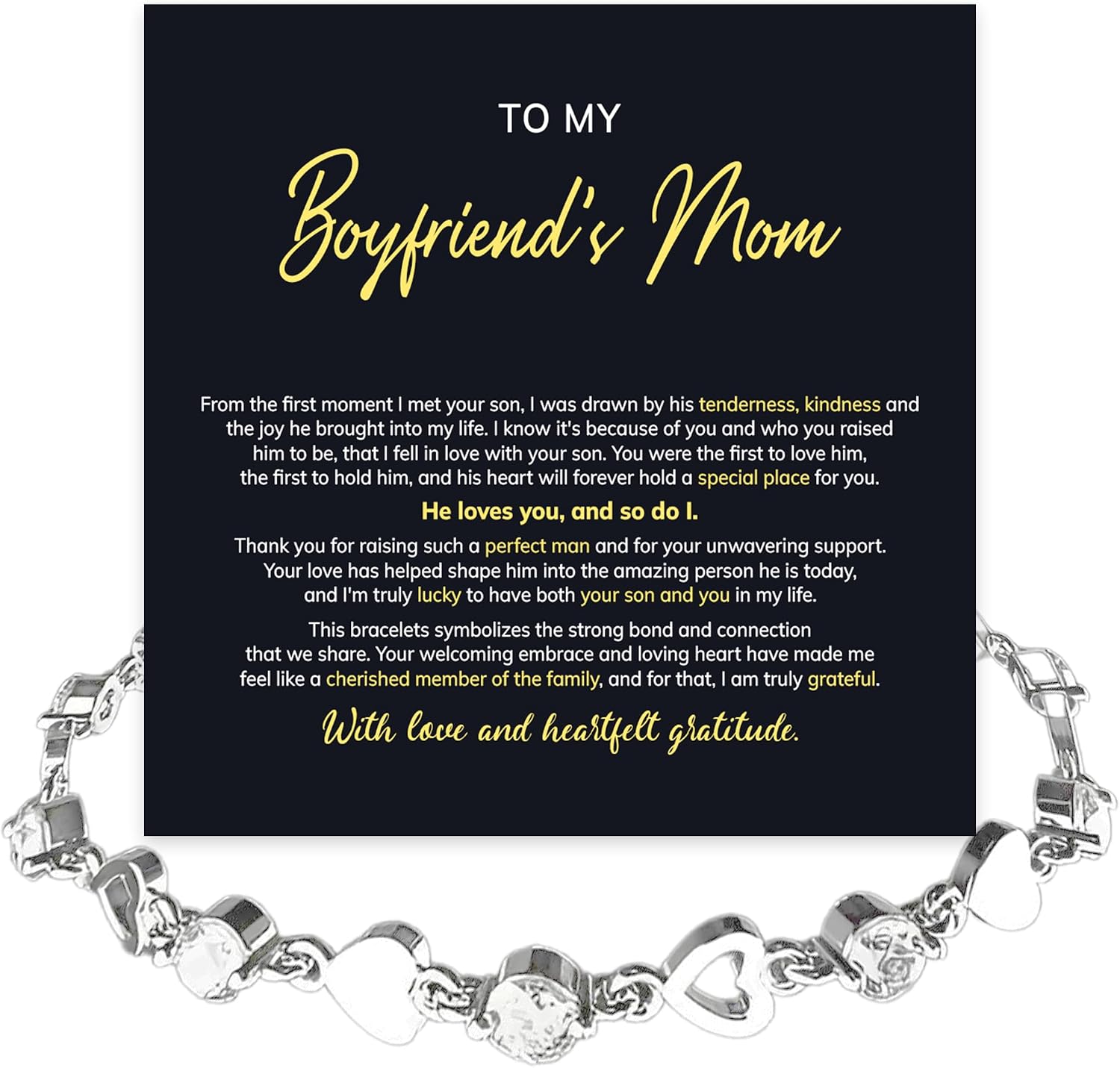 To My Boyfriend's Mom Crystal Heart Bracelet Gift, Beautiful Boyfriend's Mom Jewelry For Women on Birthday, Christmas or Mother's Day Meaningful With Heartfelt Message & Elegant Box