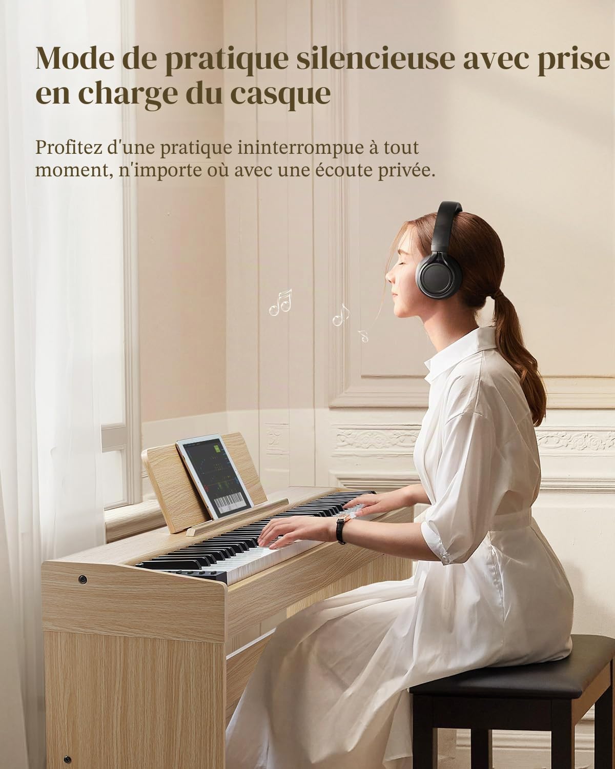 Eastar EUP-110 Piano Numérique 88 Touches Lestées, Piano Électrique Domestique pour Débutant, avec Casque, Autocollants Musicaux, Écran, 3 Pédales, Connexion Sans Fil, Enregistrement - Bois Clair