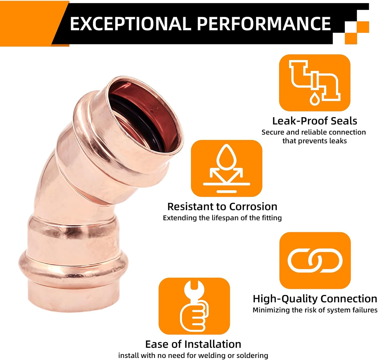 3/4 Inch 45 Degree Pure Copper Press Fittings Elbow, Pro Press Fittings 3/4 x 3/4, Zero Lead Copper Press Fittings for Heating and Potable Water, Propress Compatible Pipe Fitting(10 Pack)