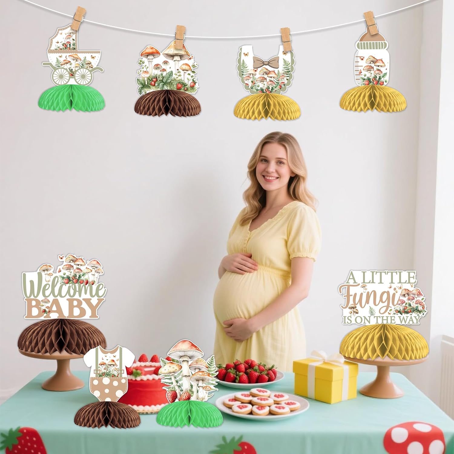 Funmemoir Mushroom Baby Shower Decorations - 8PCS Honeycomb Centerpieces, A Little Fungi is on the Way Fairy Forest Woodland Wildflower Mushroom Baby Shower Gender Reveal Party Supplies