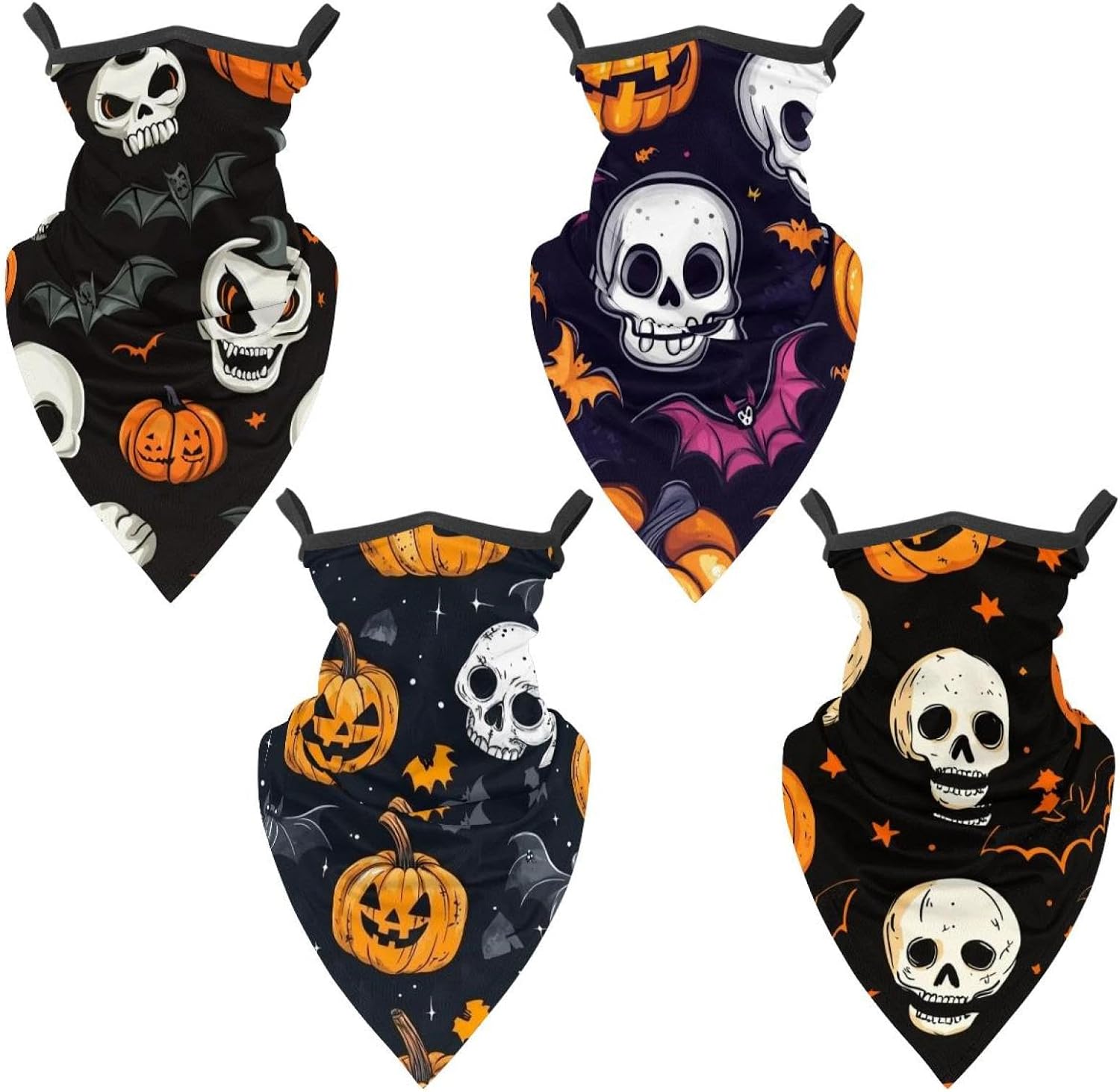 4 Pack Halloween Skulls Pumpkins Bats Neck Gaiter Face Cover Scarffor Skiing Fishing Hiking Cycling