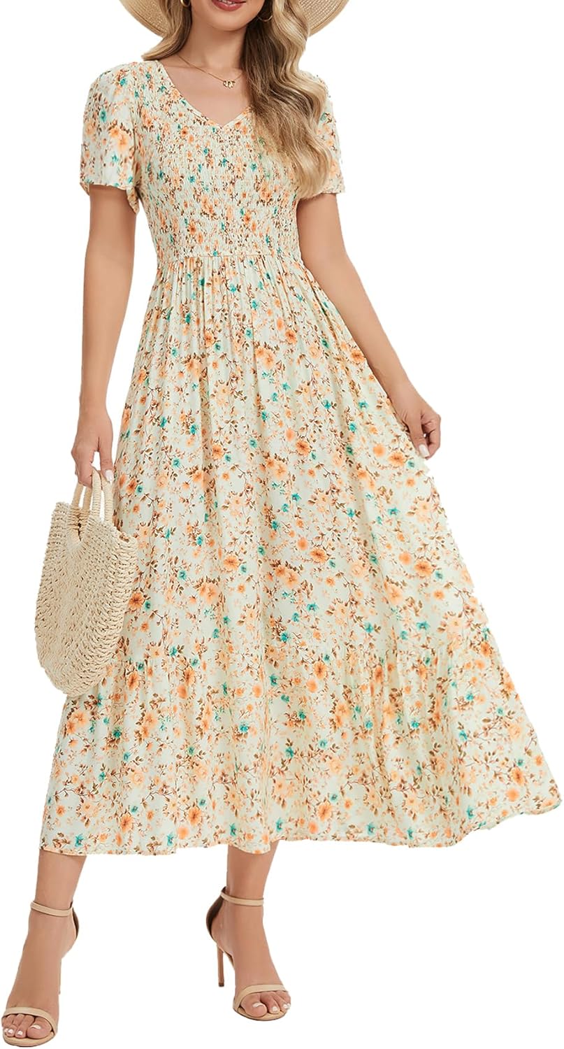 Vogebund Women's Summer V Neck Flowy Maxi Dress Casual Short Sleeve V Neck Smocked Beach Boho Dresses with Pockets