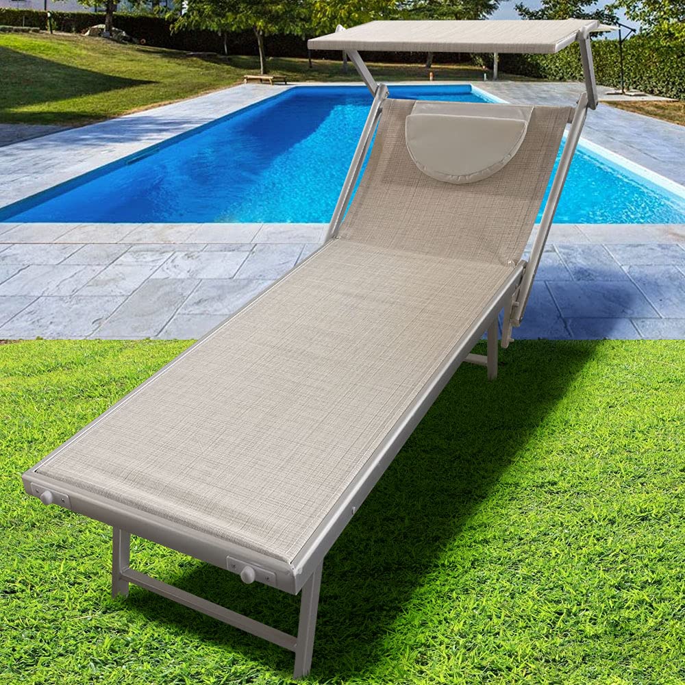 BAKAJI Lettino Prendisole Pieghevole da Mare con Tettuccio Parasole e Cuscino Poggiatesta Sdraio Stabilimento Piscina Spiaggia Professionale in Alluminio e Textilene 189 x 61 x 38 cm (Beige Melange)