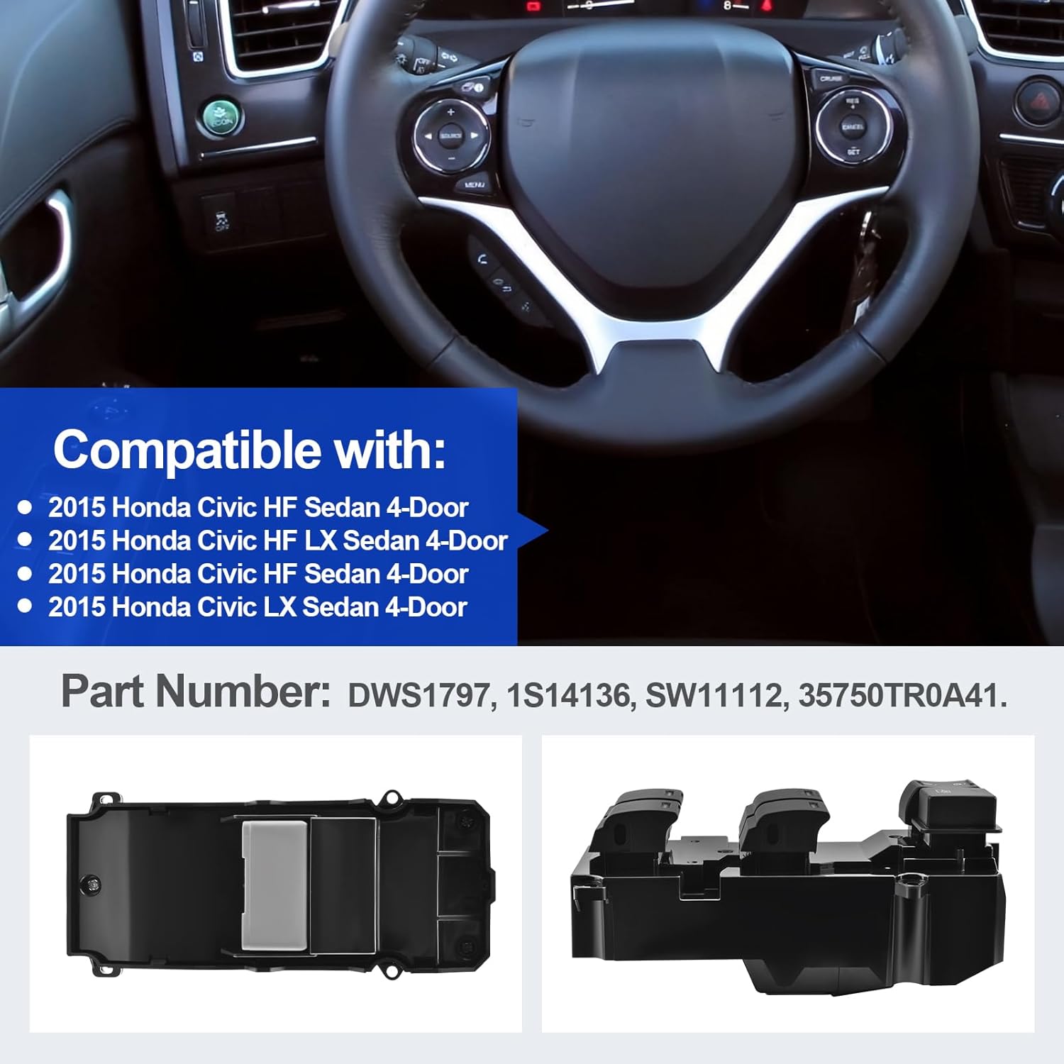 Master Power Window Switch Compatible with Honda Civic 2014 2015, Part Numbers 1S14136 SW11112 DWS1797 35750TR0A41, Left Driver Side