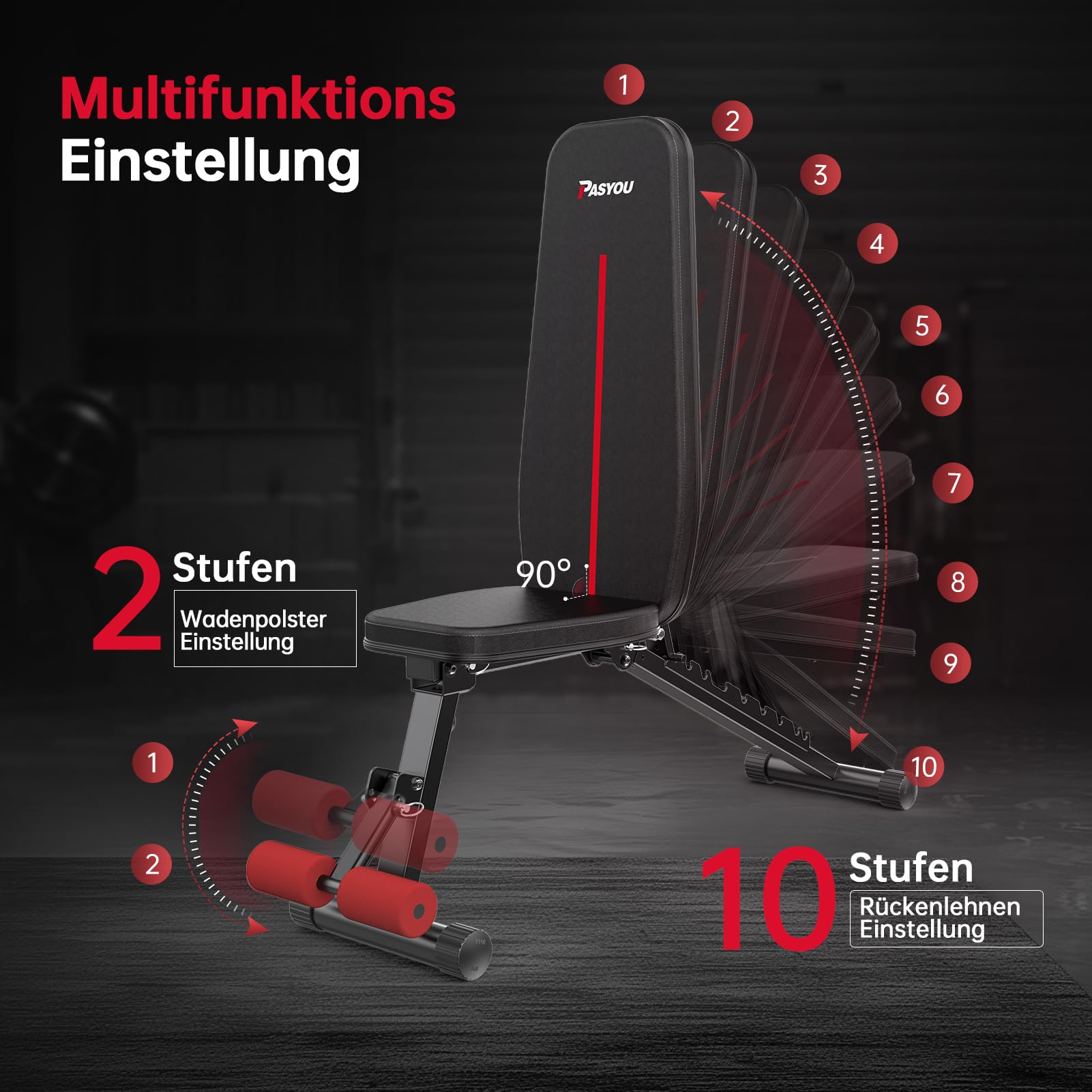 PASYOU Hantelbank Klappbar 10-Fach Verstellbar 90° Grad vertikal Multifunktions Trainingsbank für Ganzkörper-workout Bauchtrainer Schrägbank