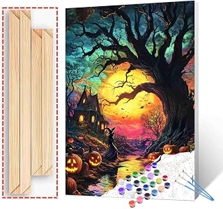 Tucocoo Halloween Spooky Scenery Paint by Number Kit 16 x 20 inch Canvas Full Moon Pumpkins DIY Oil Painting for Adults Beginner with Brushes and Acrylic Pigment-Witch's Night(DIY Frame)