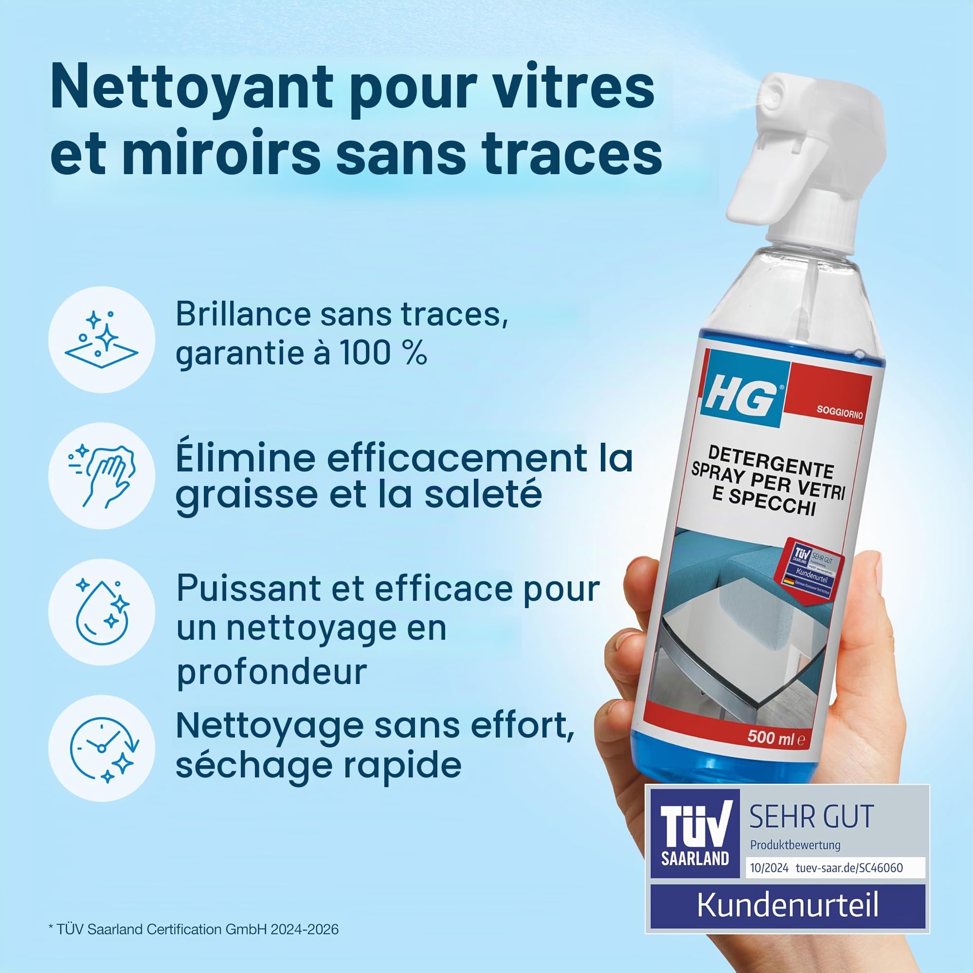 HG Nettoyant spray pour vitres, fenêtres et miroirs, élimine efficacement la graisse et la saleté, 500 ml (142050106)