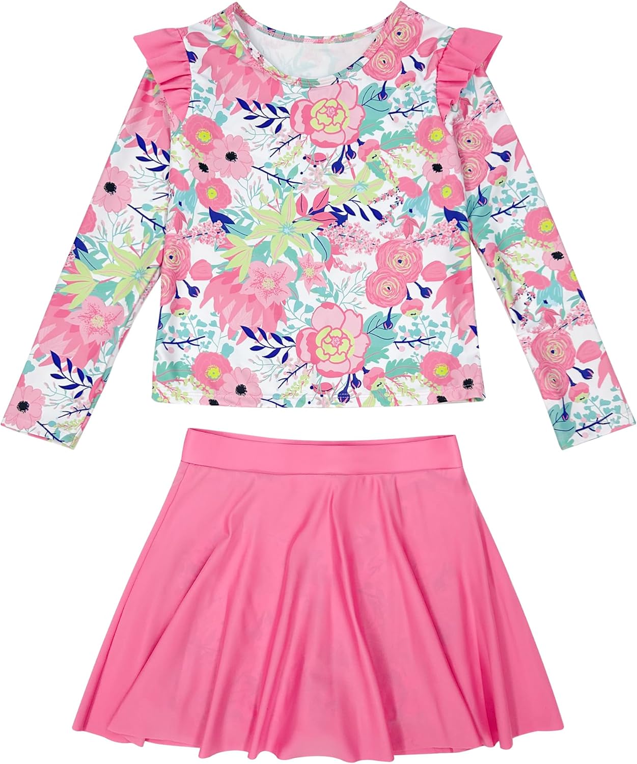 Girls Rash Guard Swimsuit Set Long Sleeve 2 Pieces Bathing Suit Swimming Skirt with Shorts 4-13Y