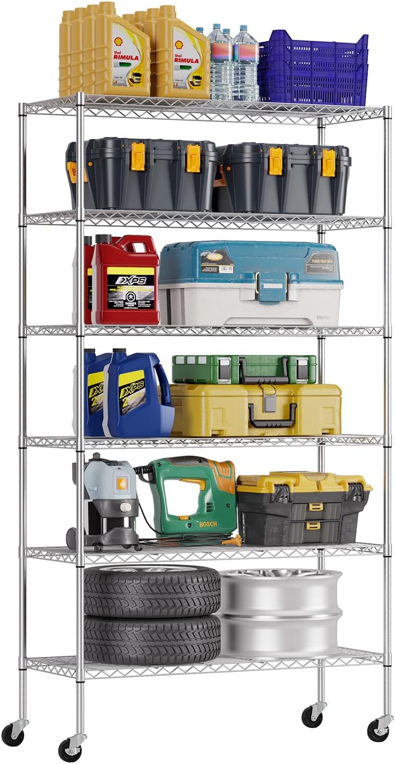 FDW 45"L×18"W×82"H Wire Shelving Unit Storage Cart Metal Shelf Rolling Utility Cart 2100Lbs Capacity with 6 Tier Casters Adjustable Layer Rack Strong Steel for Restaurant Garage Pantry Kitchen,Chrome