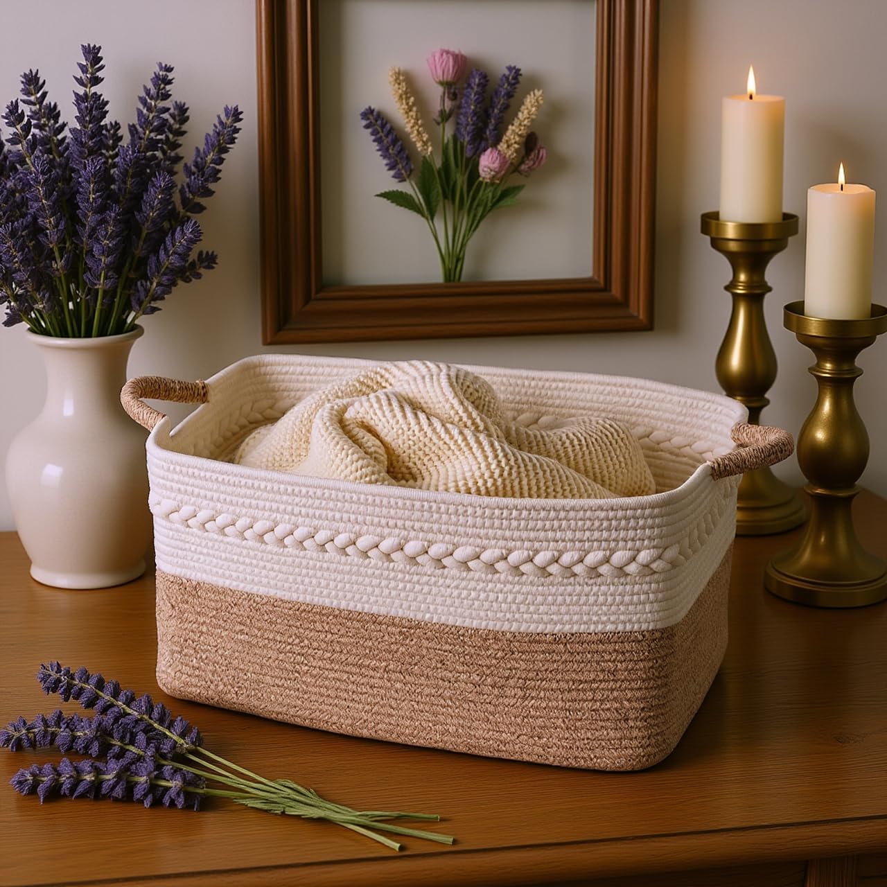 Decorative laundry basket with handles woven from natural cotton rope storage blankets for living room cute boho quilted gift baskets for clothes pillows toys 20"x14"x10",white/brown - Image 8