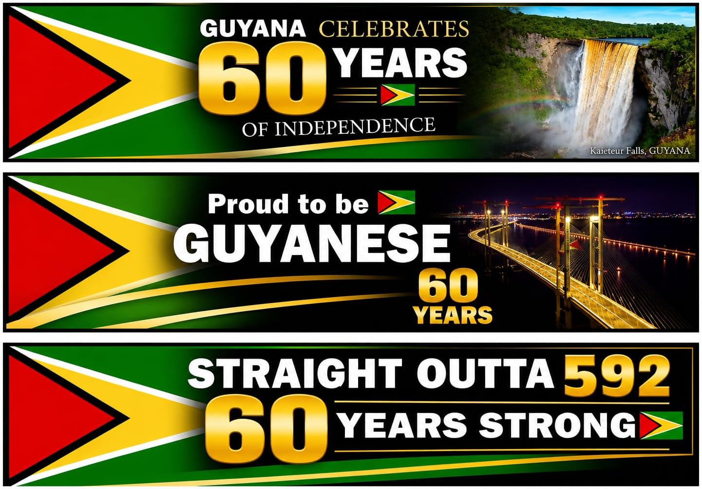 Guyana Flag Car Stickers (3 Pack) – Waterproof Vinyl Bumper Decals with Demerara Harbour Bridge Design, Guyanese Pride & 60th Independence Edition Available!
