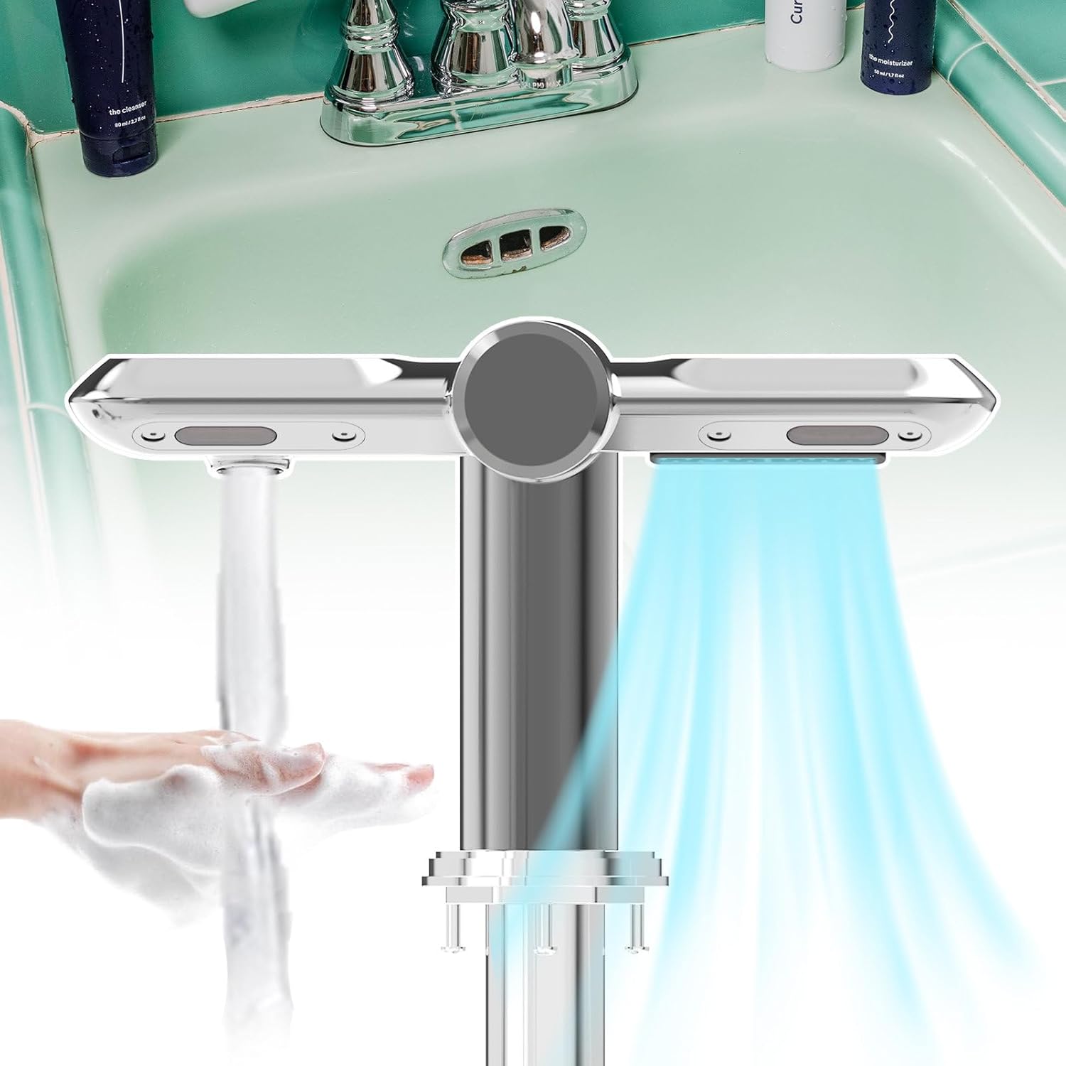 Touchless Bathroom Faucet,2 In 1 Faucet & Hand Dryer - Clean Left + Dry Right - Contactless Cleaning,Induction Water Tap With Hot /Cold Regulating Valve & Hose,For Under-Counter Basin,Silver
