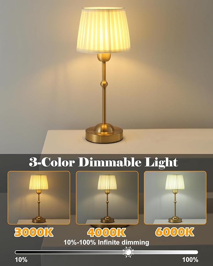 AILELANG Cordless Table Lamp Rechargeable, 3 Color Portable Touch Adjustable Brightness & Darkness LED Desk Lamp with Fabric Shade, Small Lamp for Nightstand, Bedroom, Dining, Bedside, Bar photo 2