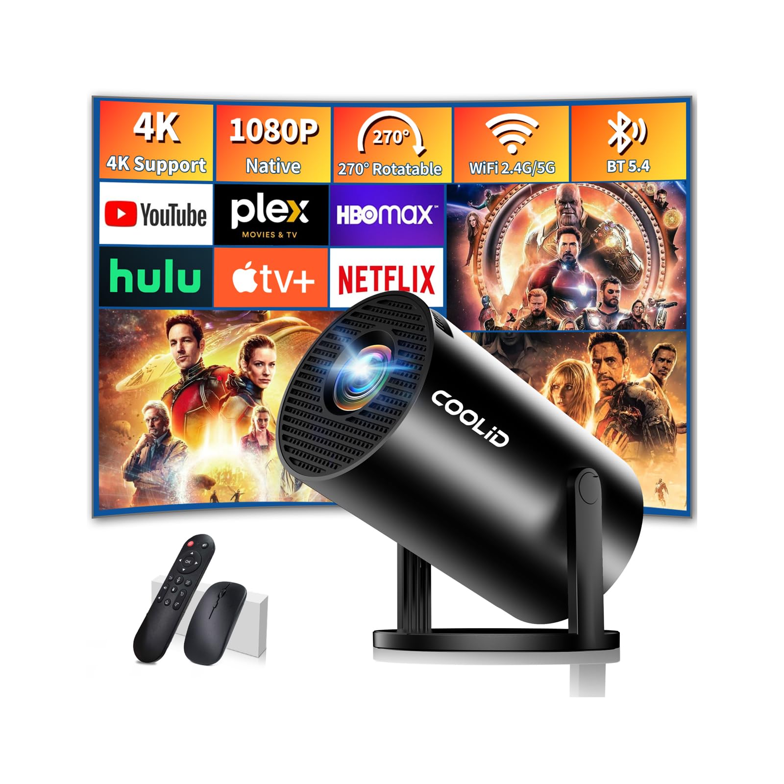 Mini Projector, Support 4K 1080P Portable Projector with Dual Band WiFi6 5G and Bluetooth 5.4, 270° Rotatable, Auto Keystone Correction, 35"-100" Video Projecto Compatible with USB/Phone - Black