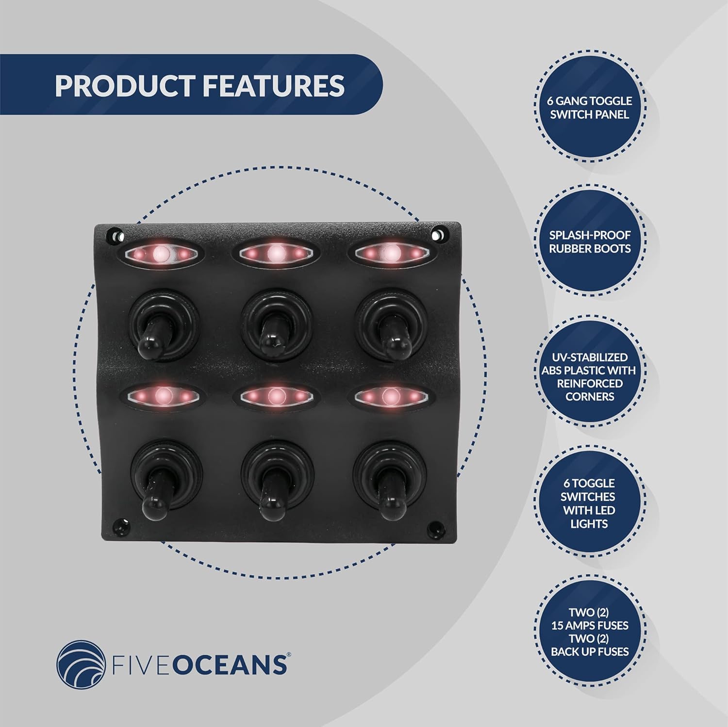 Five Oceans Marine Waterproof 6 Gang Toggle Switch Panel FO-2652 : Sports & Outdoors