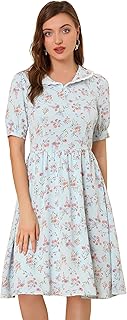 Women's Vintage Peter Pan Collar High Waist Flowy Midi Puff Sleeve Floral Dress - Buy now
