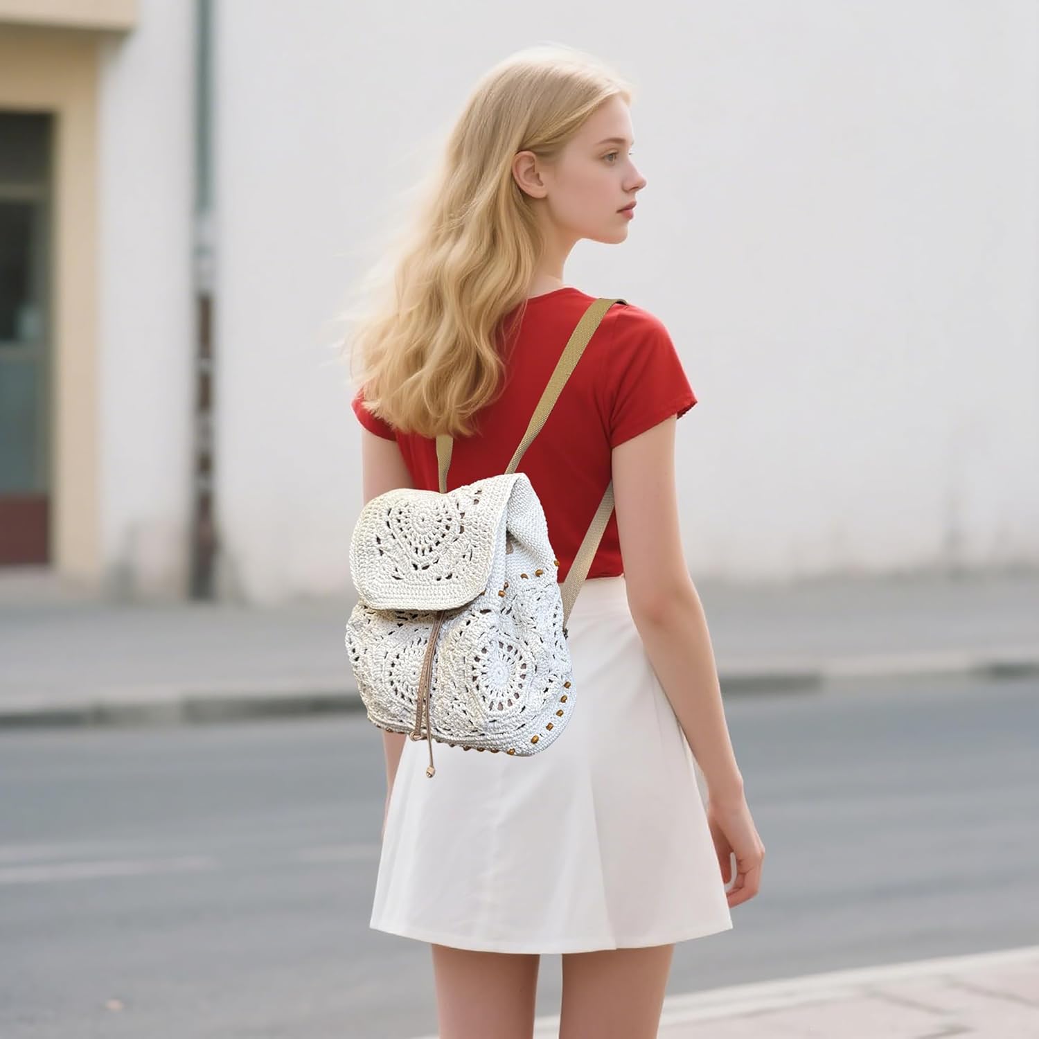 Eiyye Handmade Crochet Backpack for Women Premium Cotton Rope Boho Rucksack with Adjustable Straps Lightweight Woven Shoulder Backpack for Travel Beach & Everyday Casual - Image 6