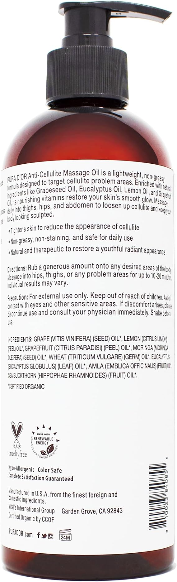 PURA DOR 16 Oz Organic Anti-Cellulite Massage Oil for Toned Legs and Butt - Lemon Peel, Moringa, Grape Seed, Grapefruit & Eucalyptus Oils - Skin Firming & Tightening