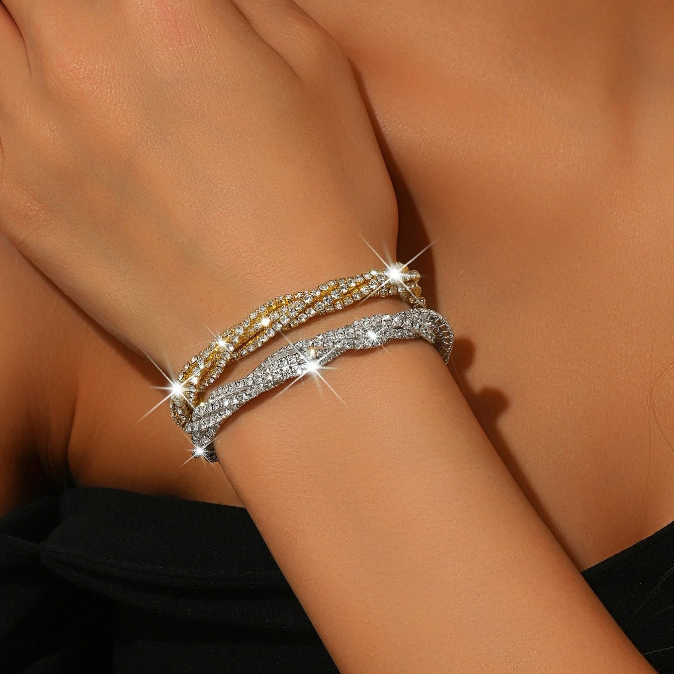 Sparkle Rhinestone Stretch Tennis Bracelet, Cubic Zirconia Adjustable Fashion Stackable Crystal Twisted Elastic Rope Bracelet Wedding Party Jewelry Gift