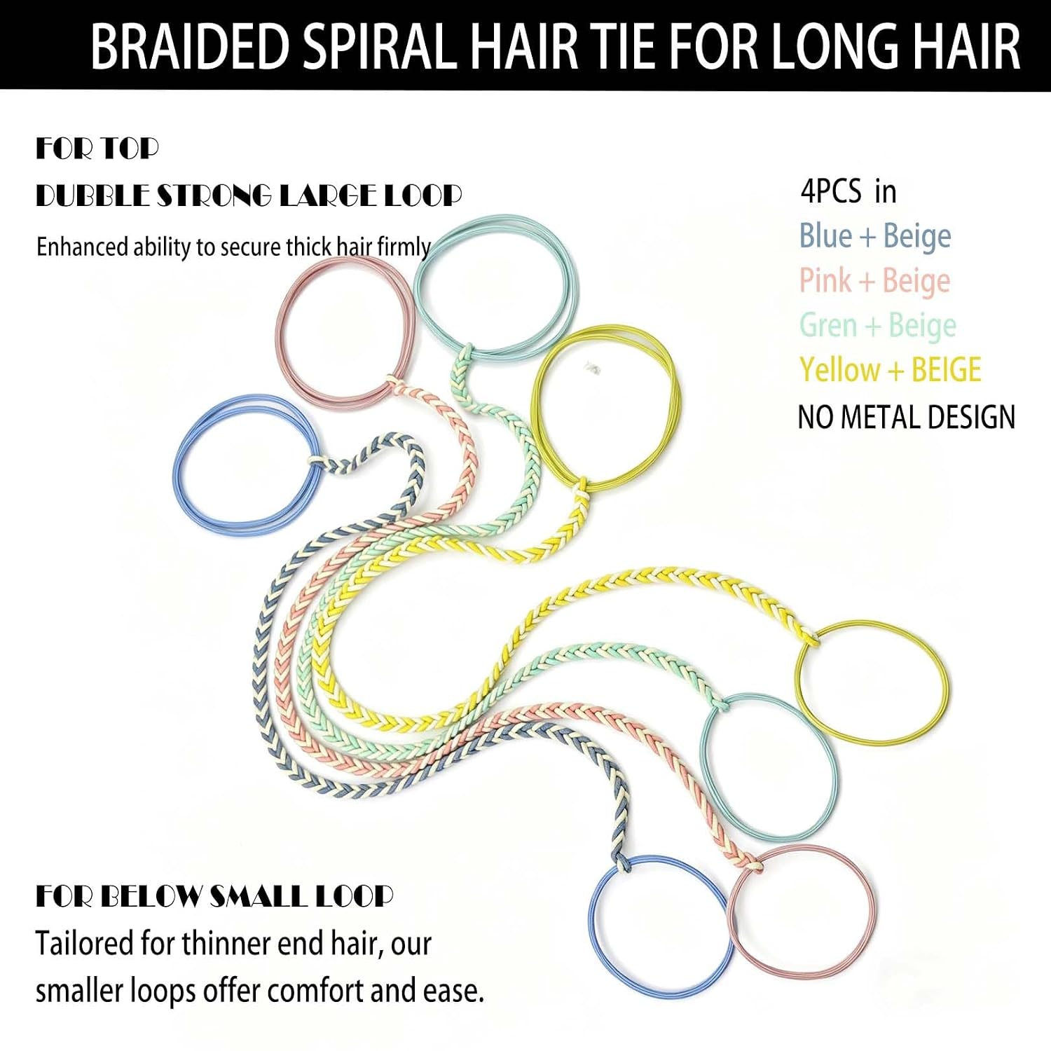 Sports Hair Ties for Women, 16" 4 Packs Soft Nylon Elastic Ponytail Holders for Thick,Curly,Fine Hair Spiral Pony Tail Wrap Tie Long Womens Accessories for Swim,Riding,Running,Workout,GYM,Surf,Dive