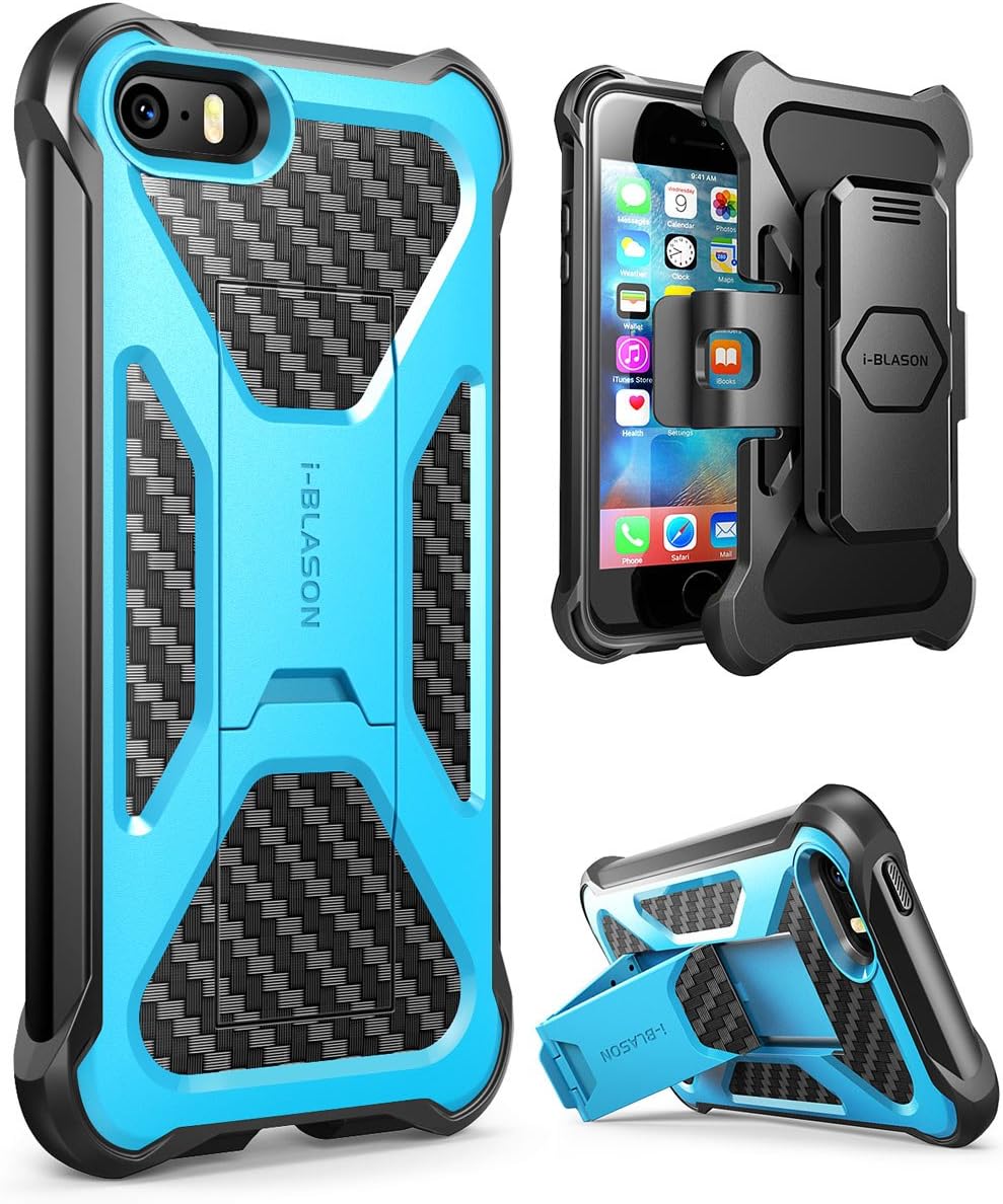 iPhone SE/5s/5 Case, i-Blason Prime [Kickstand] Heavy Duty [Dual Layer] Combo Holster Cover case with [Locking Belt Swivel Clip] for Apple iPhone SE 2016 Release (Compatible with iPhone 5s/5) (Blue)