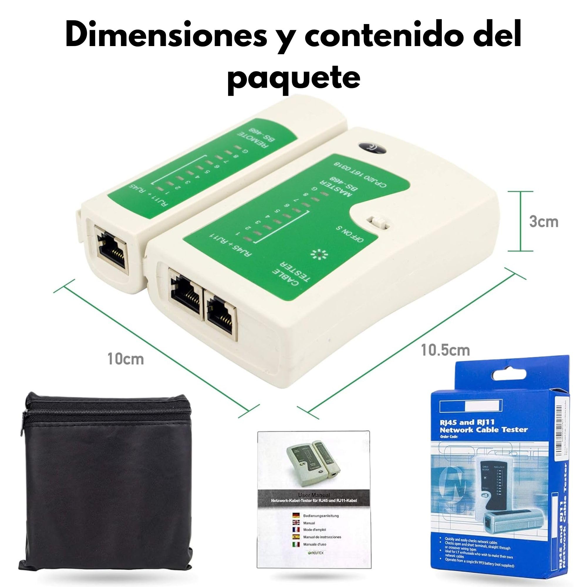Incutex Comprobador de Cable, Tester Línea RJ45 RJ11 Ethernet LAN Cat5 Cat6 Localizador, Kit de Probador de Cable, blanco-verde