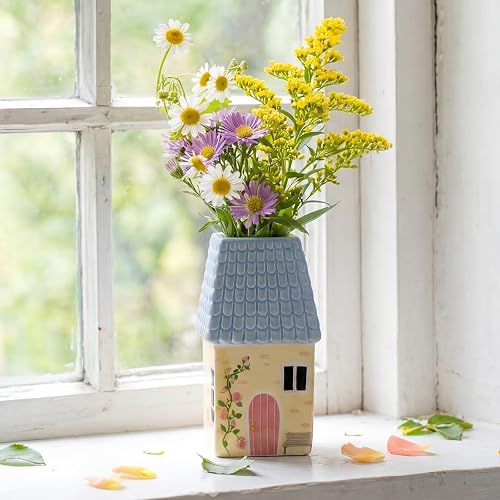 Ceramic House Shape Vase 2.4 x 3.8 Inch Mini Handmade Vase Decorative Small Flower Container for Living Room Bedroom Farmhouse Home Table Decor Cute Birthday Gift(Blue)