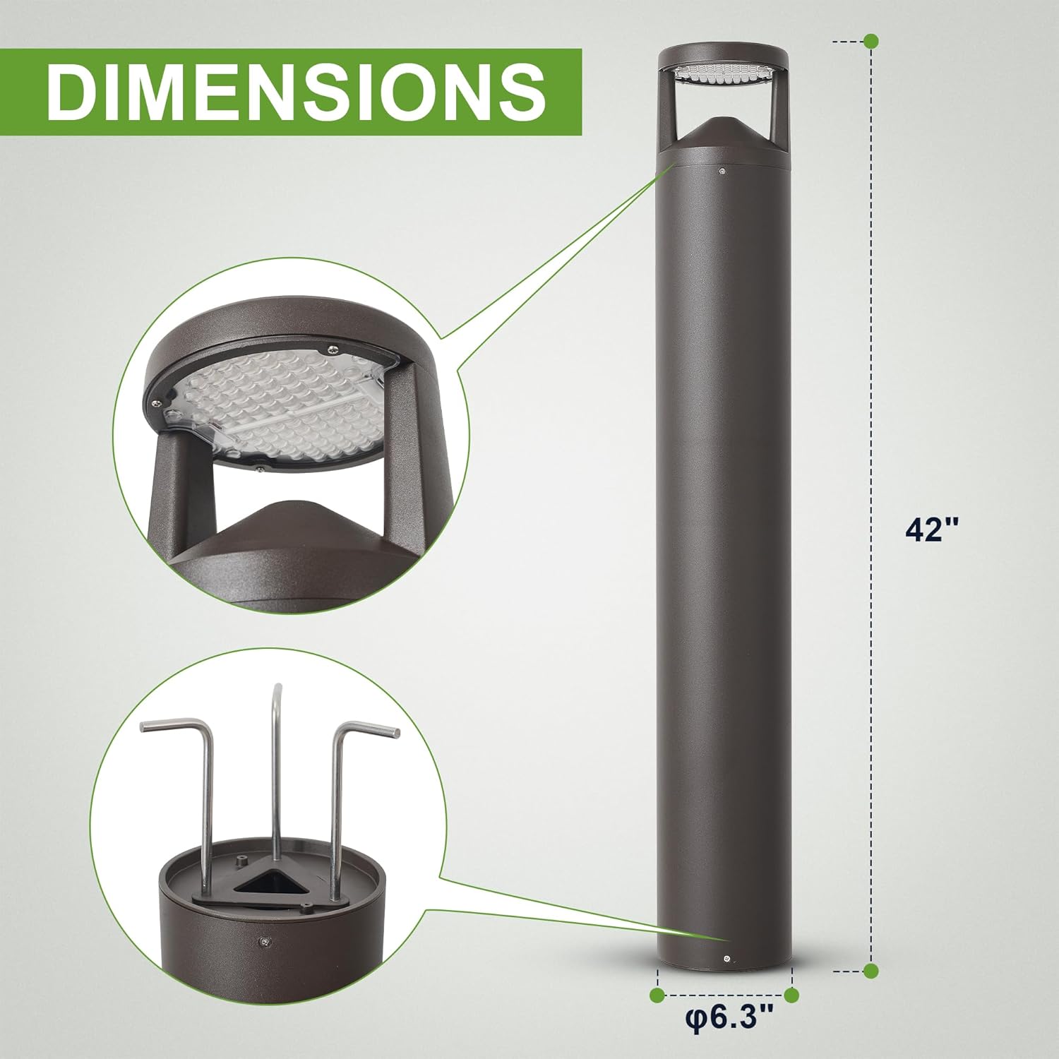 LED Bollard Landscape Light, 42inch 24W 3CCT Selectable (3000K/4000K/5000K),120V-277V Commercial/Residential Bollard Lighting Fixture for Garden, Pathway, Driveway, Die-cast Aluminum, Bronze