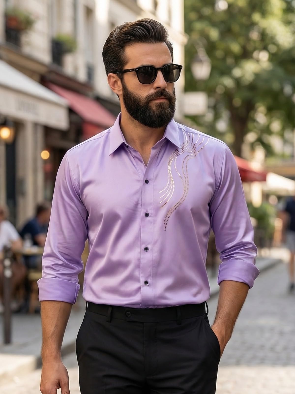 IndoPrimo Elegante camisa de satén para hombre, corte normal, estilo casual, estilo de diseñador, trabajo de piedra, fiesta, manga formal