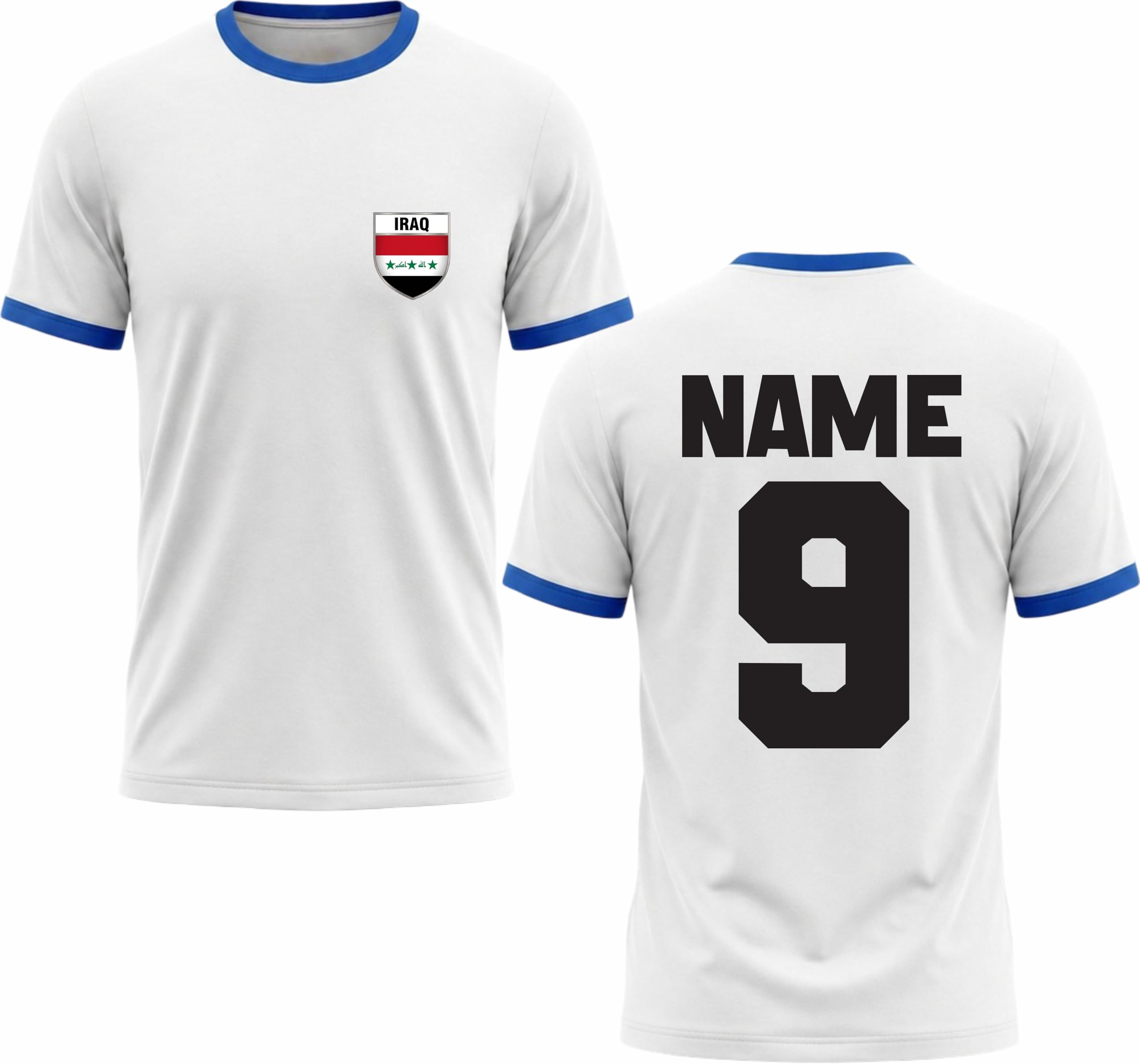 Iraq Football Ringer T-Shirt Personalised Iraqi Football Kit Jersey Custom Name & Number Jersey Gift White/Royal