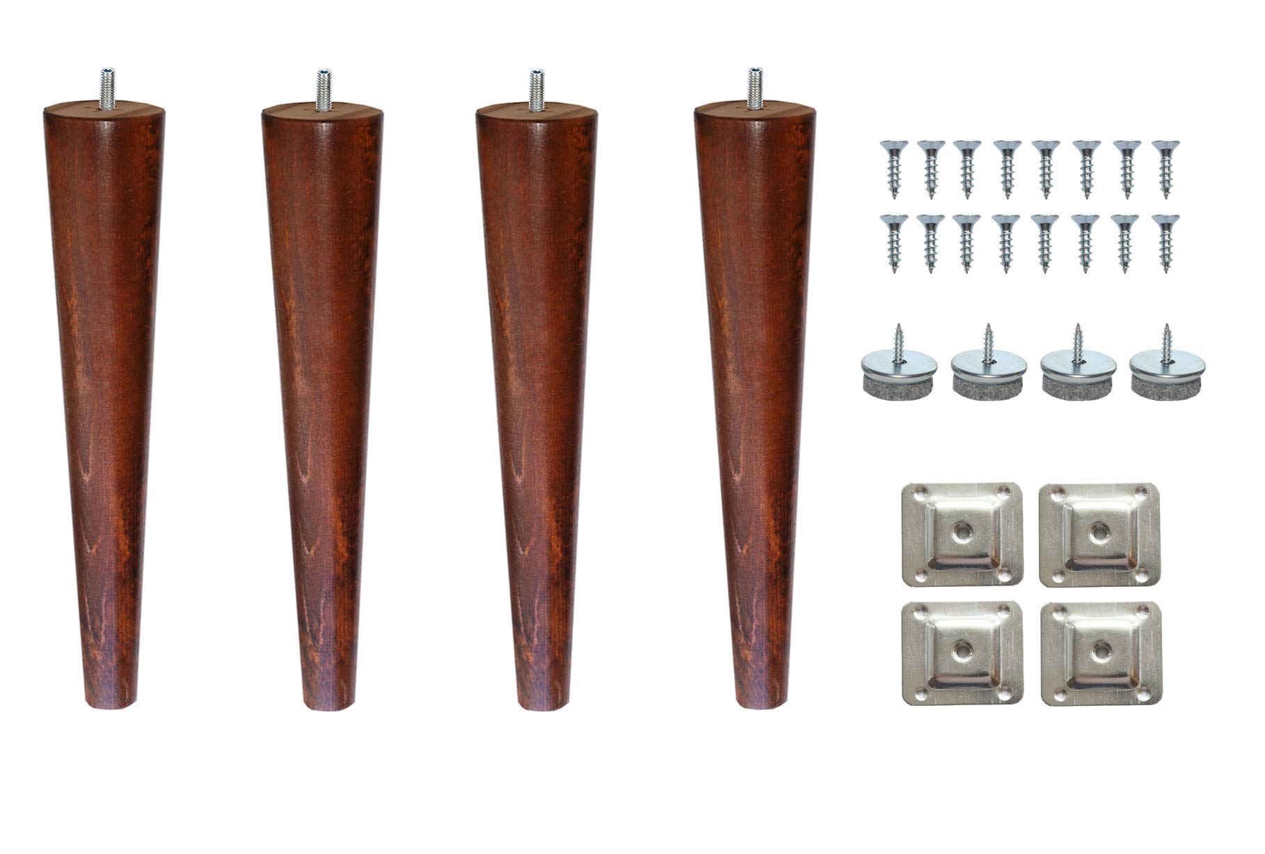 12’’ Wooden Round Cone Tapered Furniture Replacement Legs Walnut M8 Thread Level Mounting Plates Protective Felt Pads Set of 4 Legs for Sofa Cabinet Footstool Chair Bed Ottoman 30 CM