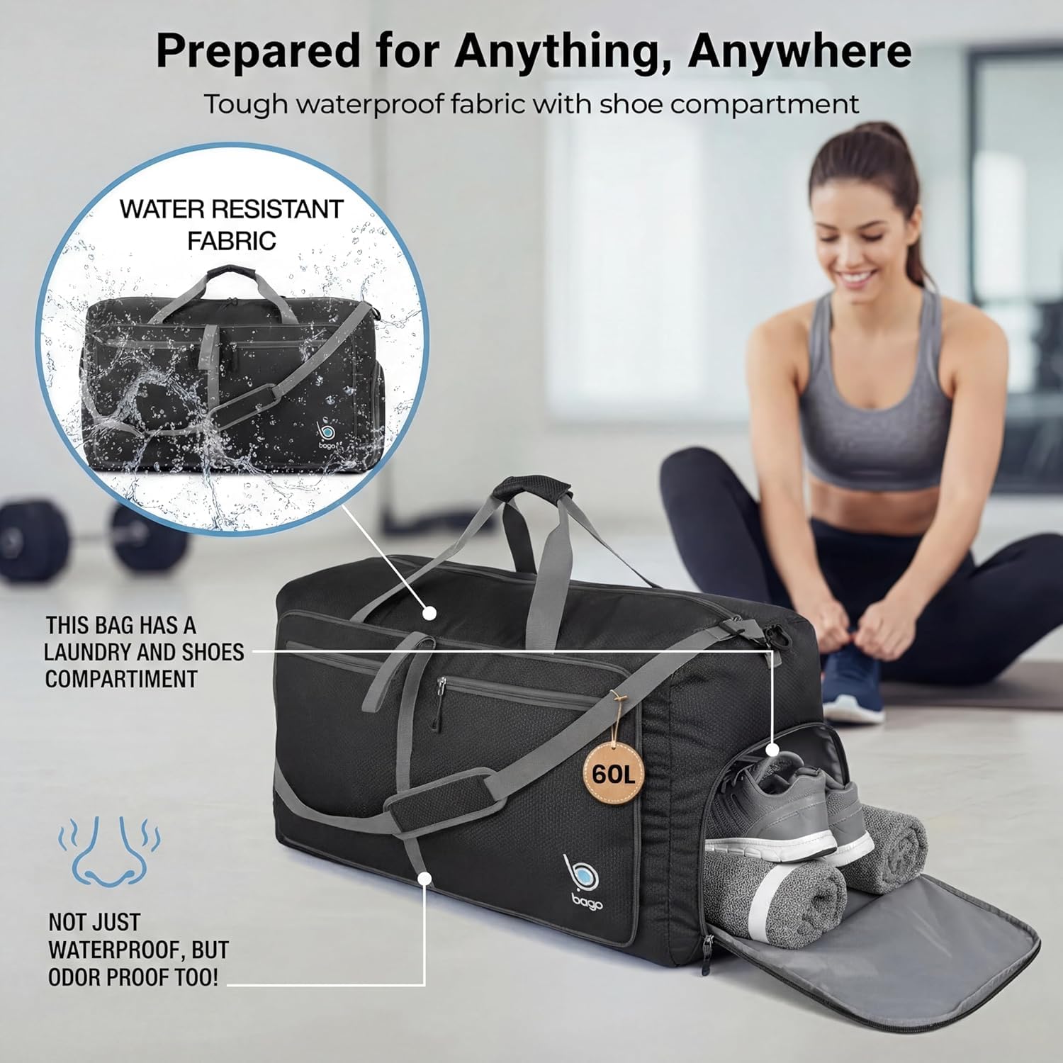 Reisetasche - diese faltbare, 53l große Reisetasche ist beständig, packbar, SUPERLEICHTE 410g mit abnehmbarem Schulterriemen - lässt sich in sich falten - am besten als Gepäck oder Sporttasche - VERMEIDEN SIE GEBÜHREN FÜR ÜBERGEPÄCK - 100% ZUFRIEDENHEITSG