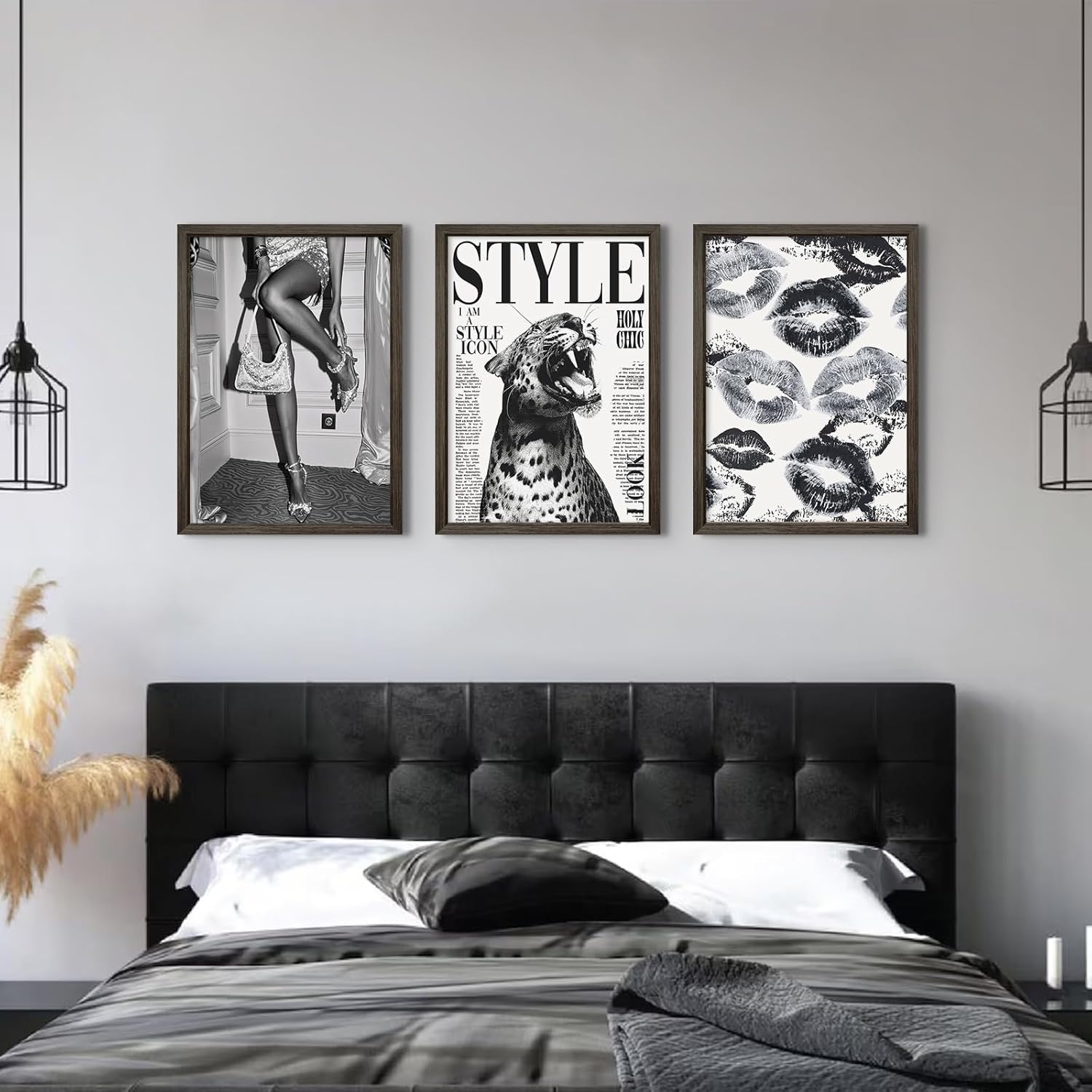 Trendy Leopard Wall Art Black and White Cheetah Canvas Wall Decor Fashion Preppy Room Poster Vintage Y2k Aesthetic Prints Funky Heels Lips Pictures Artwork for Girl Bedroom 12x16x3 Inch Wood Framed