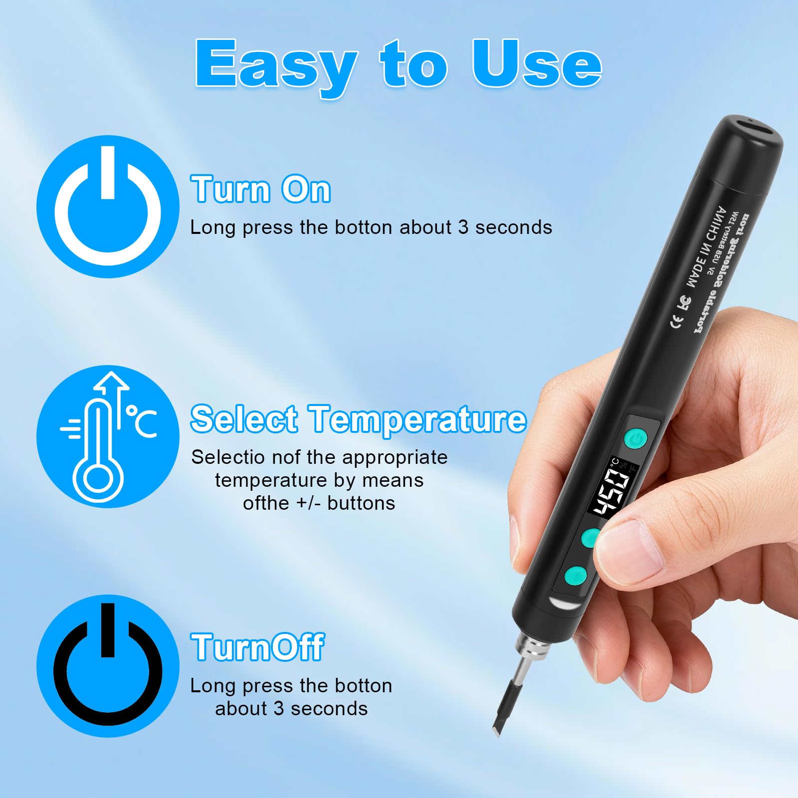 Kit di Saldatura Ricaricabile USB 180-450℃ Senza Fili con 3 Punte di Ricambio