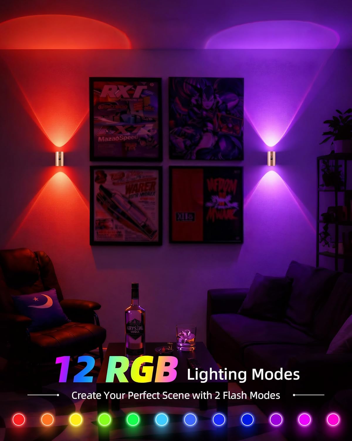 EZVALO Motion Sensor Wall Sconces with Remote, Rechargeable Battery Operated 4000mAh Wall Lights, 3 Color Temperatures & 12 RGB, Wireless LED Lighting for Hallway, Living Room (Brass Gold, 2 Pack)