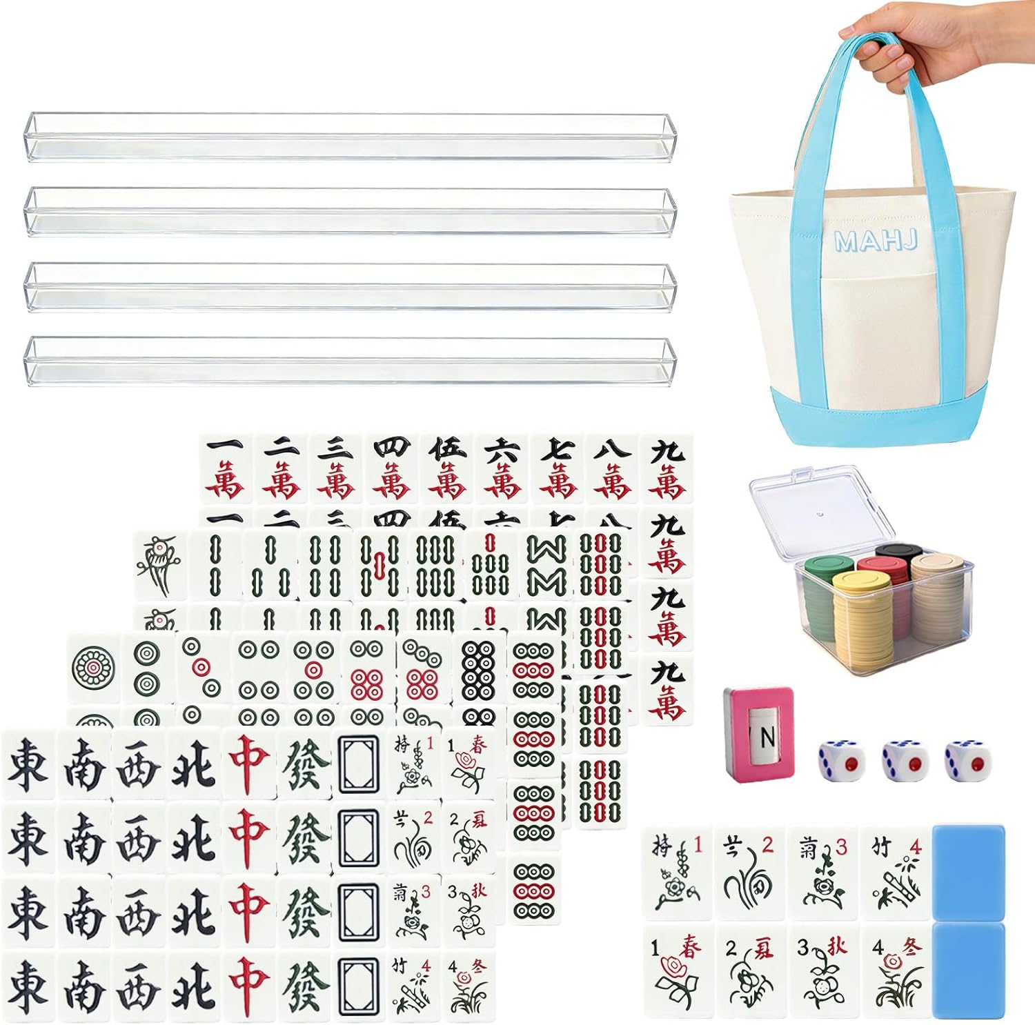 Chinese Mahjong Tiles Set,30mm 144 Mahjong Game with Portable Storage Bags, 4 Racks, Scoring, Plastic Coins Dices for Adults & Enthusiasts