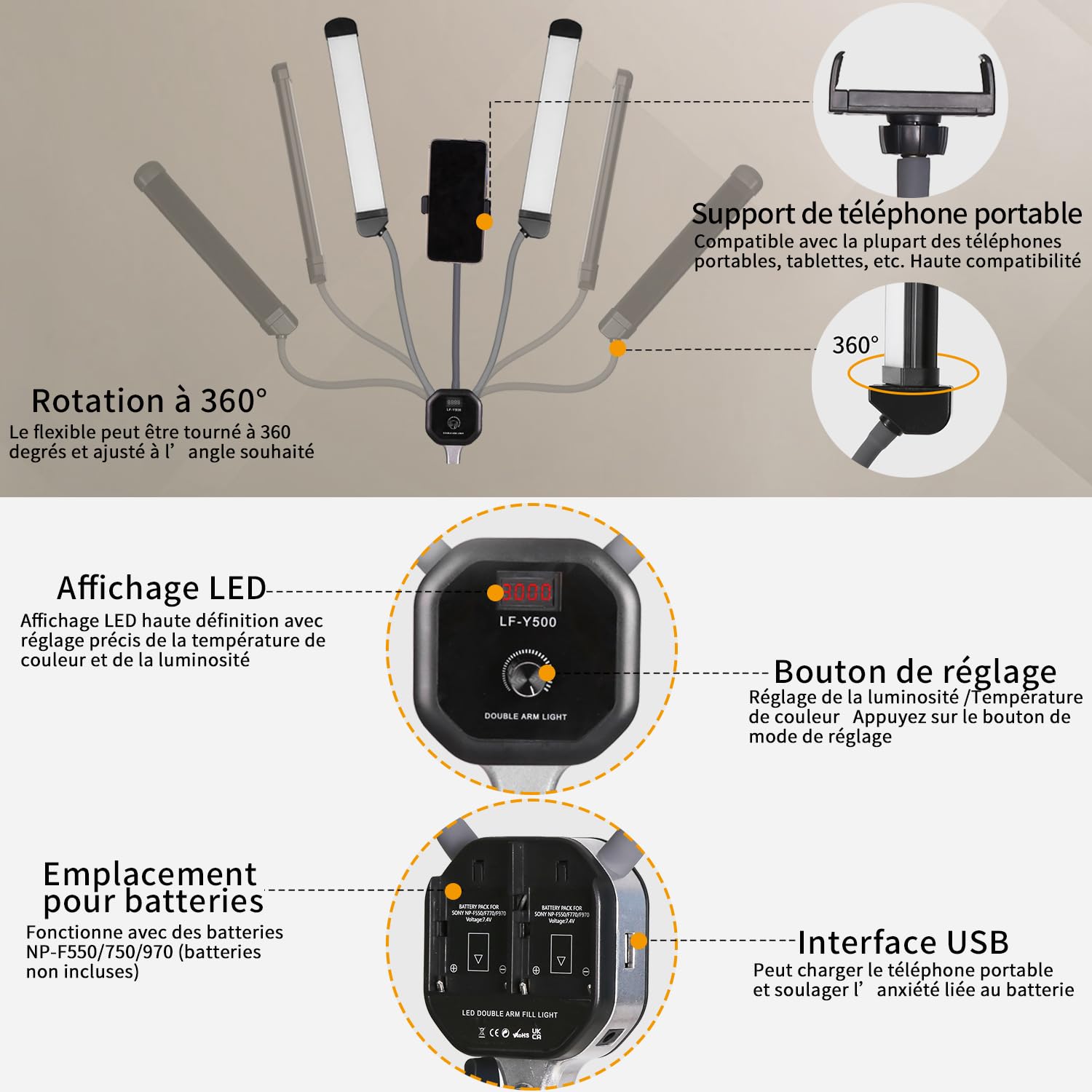 50W Lumière Dimmable LED A Double Bras avec Bras de Perche Support Mural Triangle 110cm Kit d'Eclairage Photographique pour Maquillage, En Direct,Lampe de Tatouage,Vidéo de Studio,Cils,Beauté